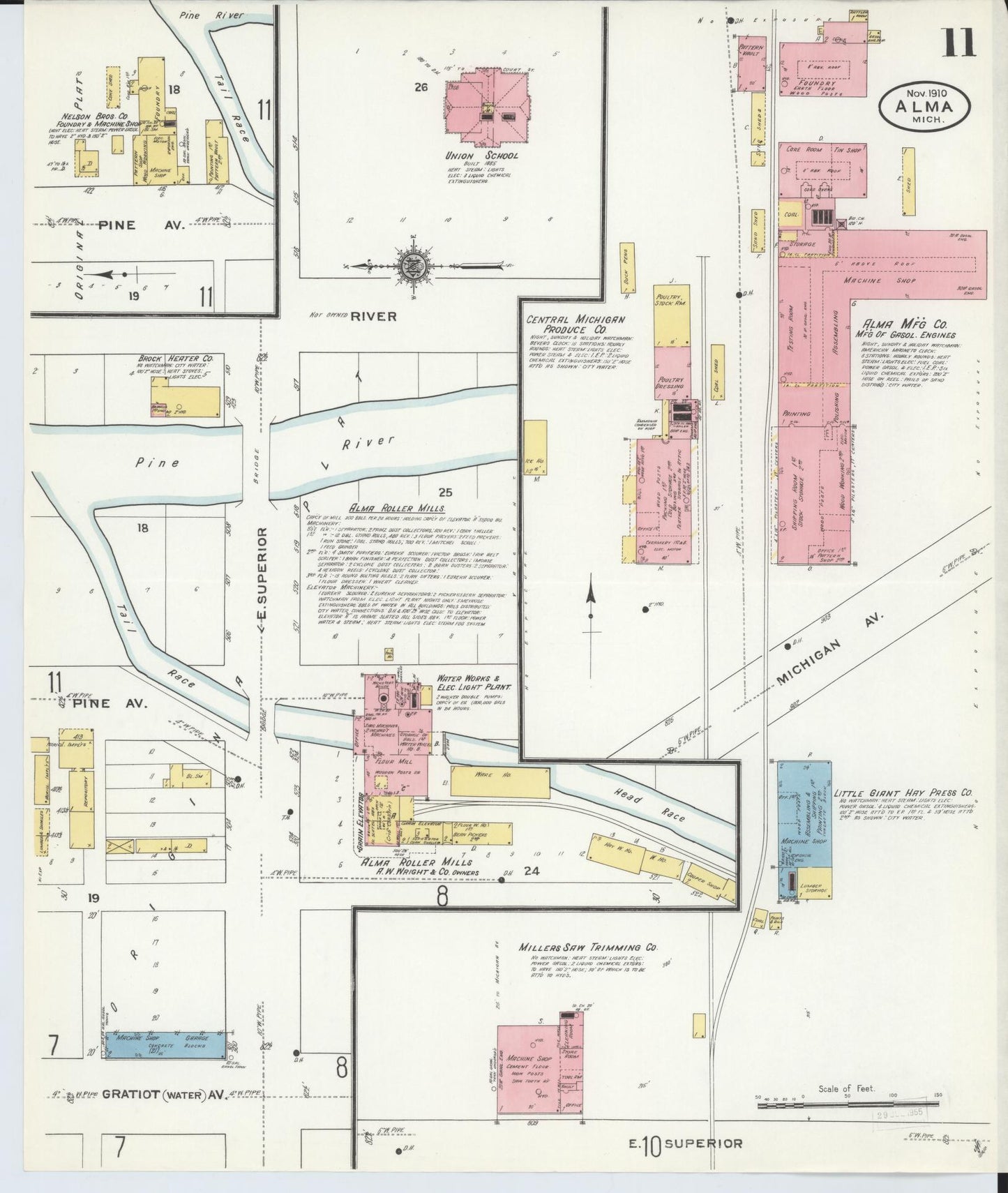 Sanborn Fire Insurance Map from Alma, Gratiot County, Michigan (1910), Sheet #0011 - Historic Sanborn Fire Insurance Map Print, vintage old map wall art, antique decor, genealogy gift, Michigan Michigan map
