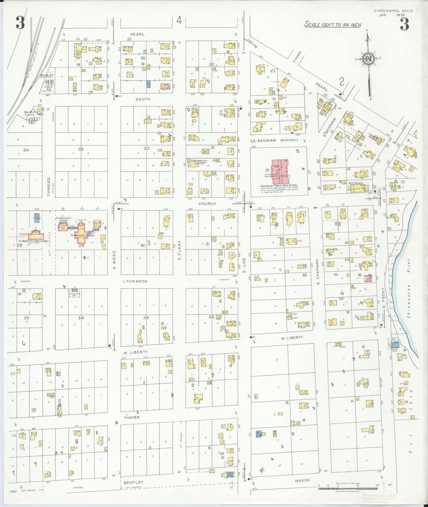 Sanborn Fire Insurance Map from Chesaning, Saginaw County, Michigan (1935), Sheet #0003 - Complete Map Set gallery image, historic Sanborn map, vintage wall art, Michigan Michigan