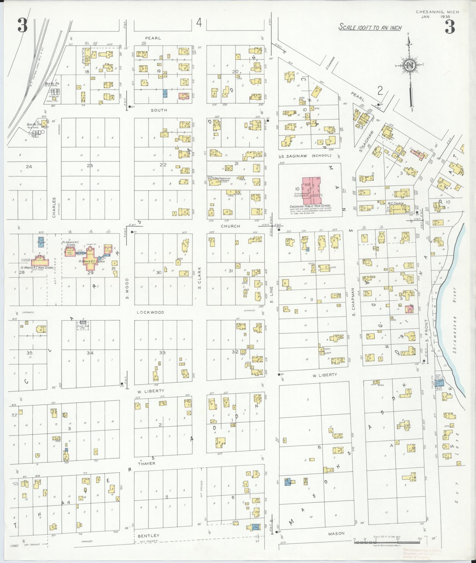 Sanborn Fire Insurance Map from Chesaning, Saginaw County, Michigan (1935), Sheet #0003 - Complete Map Set gallery image, historic Sanborn map, vintage wall art, Michigan Michigan