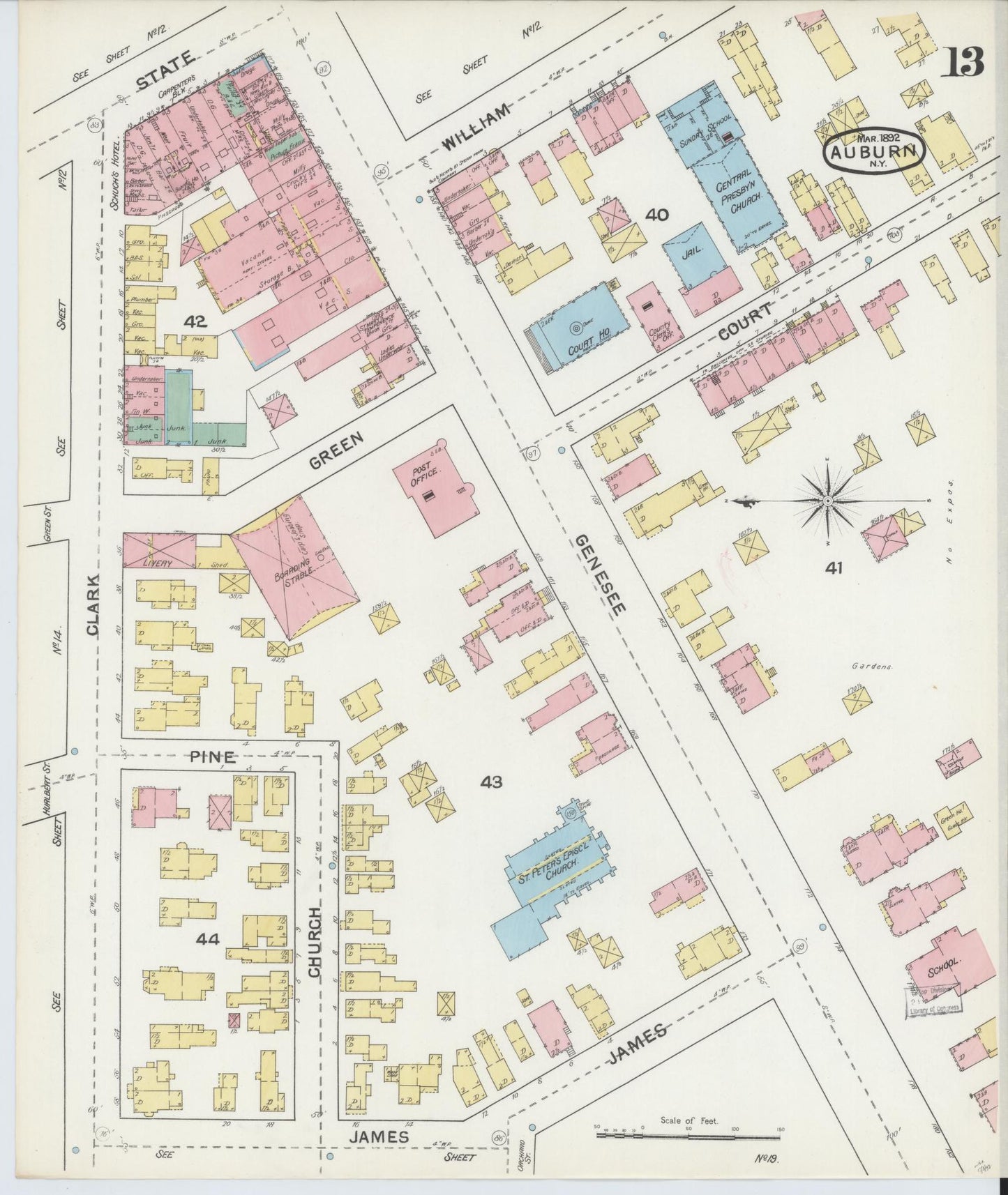Sanborn Fire Insurance Map from Auburn, Cayuga County, New York (1892), Sheet #0013 - Complete Map Set gallery image, historic Sanborn map, vintage wall art, New York New York