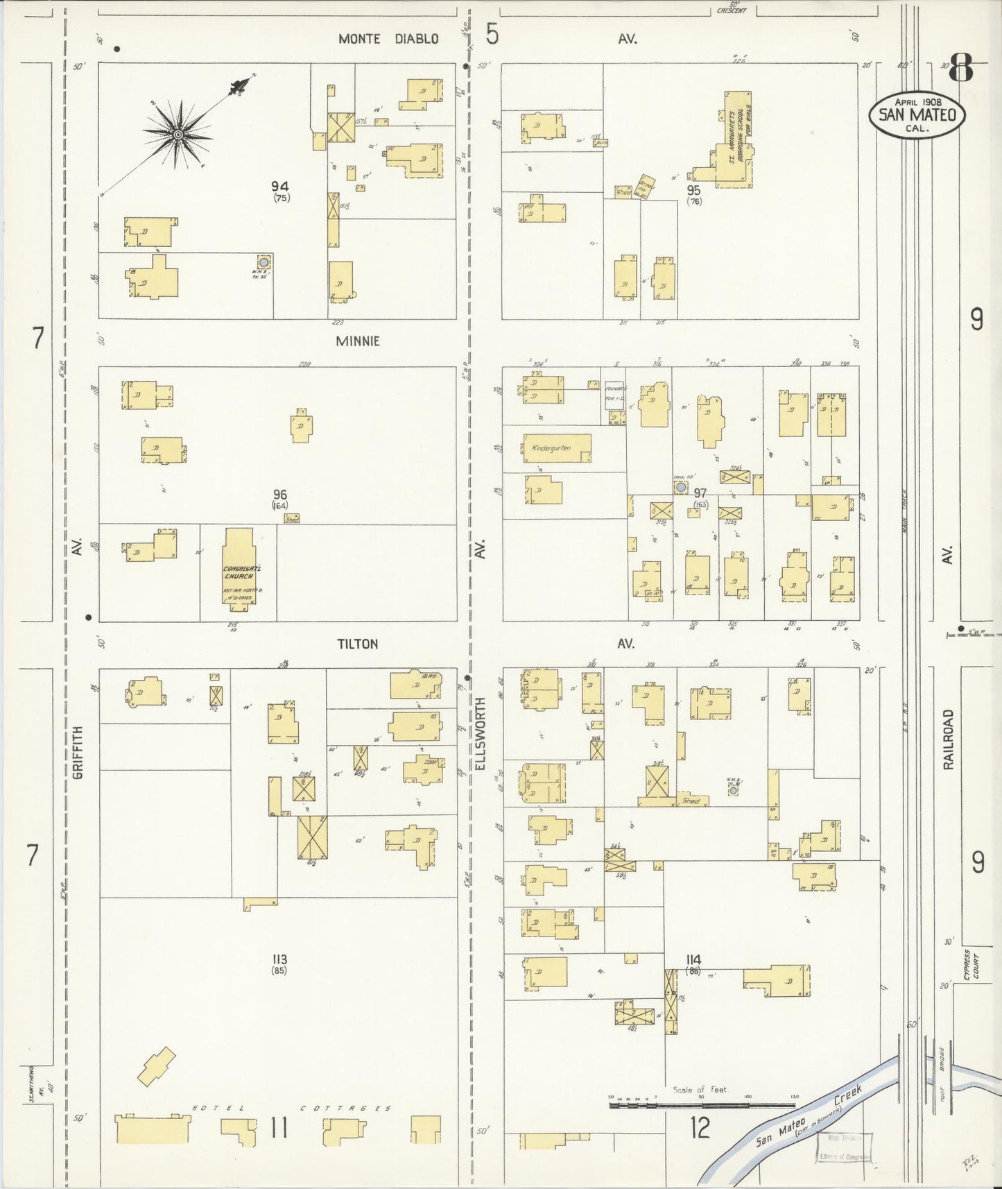 Sanborn Fire Insurance Map from San Mateo, San Mateo County, California (1908), Sheet #0008 - Complete Map Set gallery image, historic Sanborn map, vintage wall art, California California