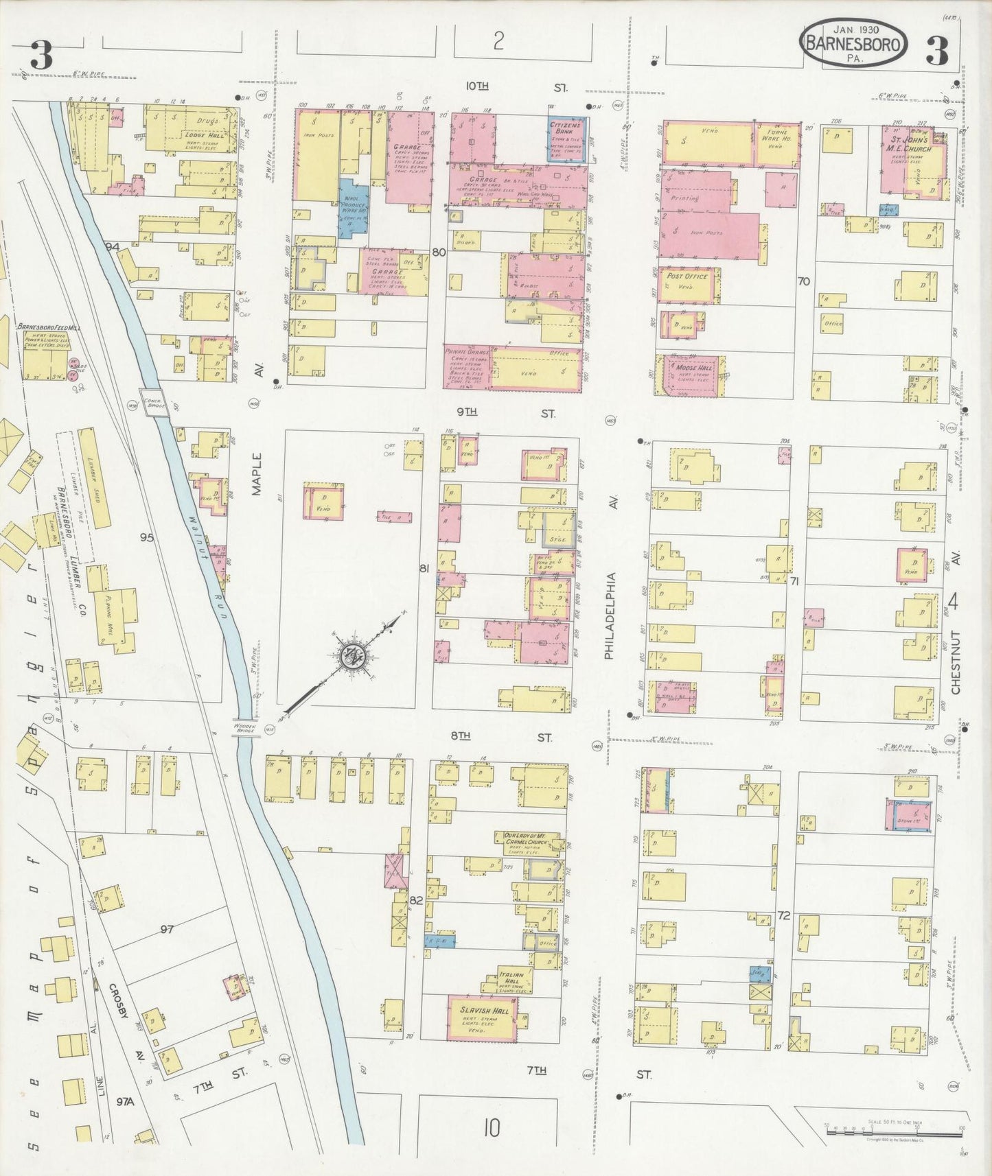 Sanborn Fire Insurance Map from Barnesboro, Cambria County, Pennsylvania (1930), Sheet #0003 - Historic Sanborn Fire Insurance Map Print, vintage old map wall art, antique decor, genealogy gift, Pennsylvania Pennsylvania map