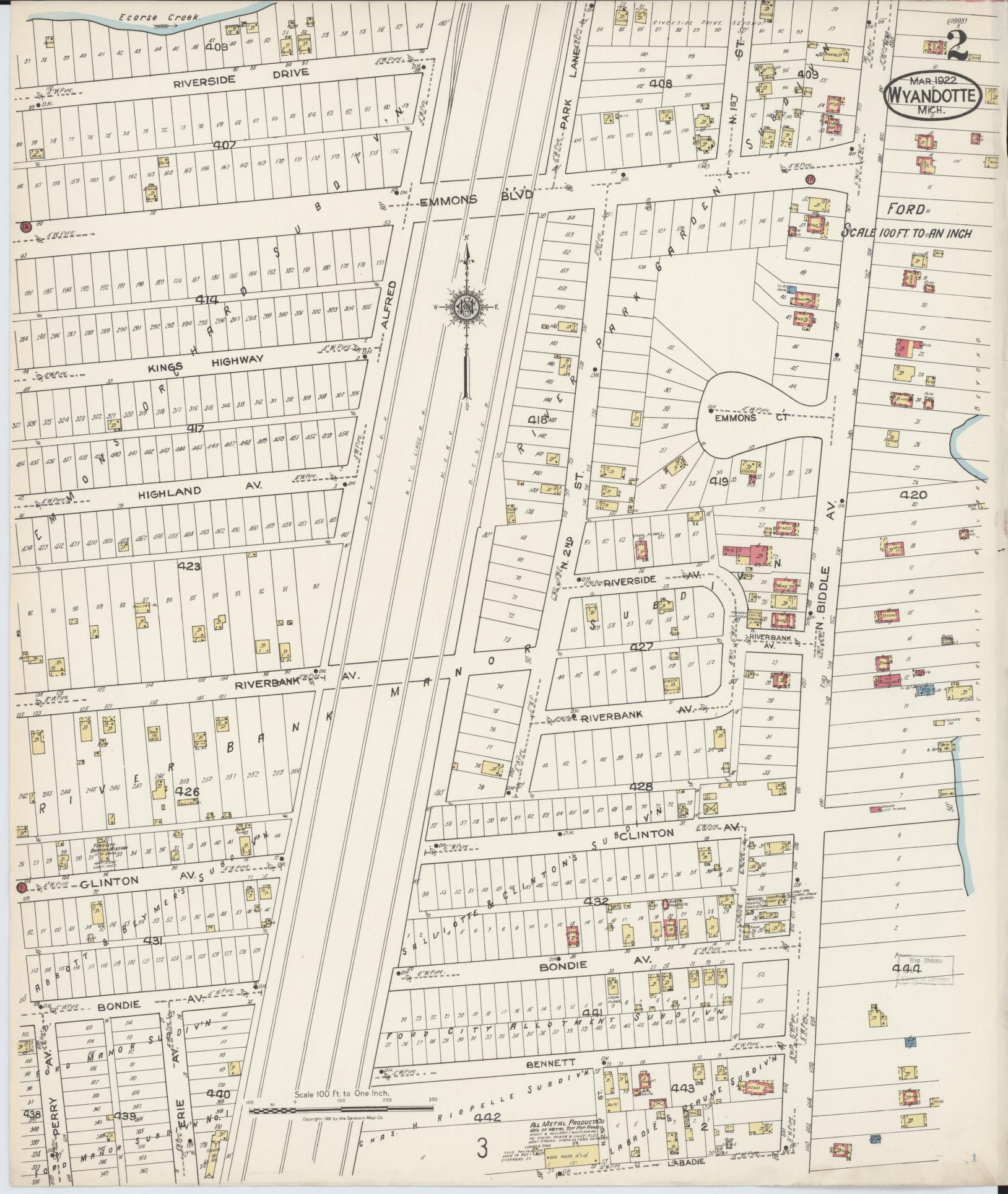 Sanborn Fire Insurance Map from Wyandotte, Wayne County, Michigan (1922), Sheet #0002 - Historic Sanborn Fire Insurance Map Print, vintage old map wall art, antique decor, genealogy gift, Michigan Michigan map