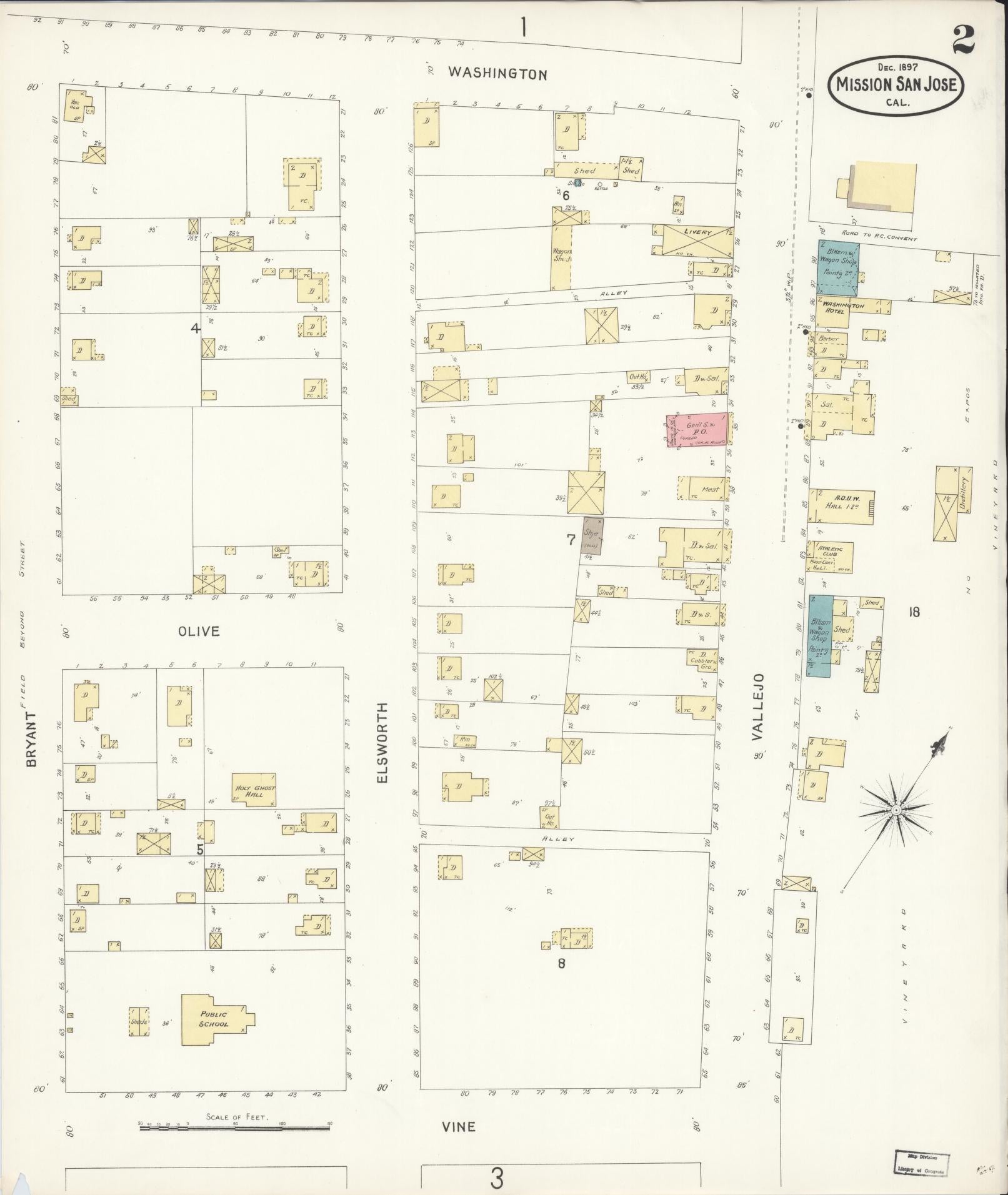 Sanborn Fire Insurance Map from Mission San Jose, Alameda County, California (1897), Sheet #0002 - Complete Map Set gallery image, historic Sanborn map, vintage wall art, California California