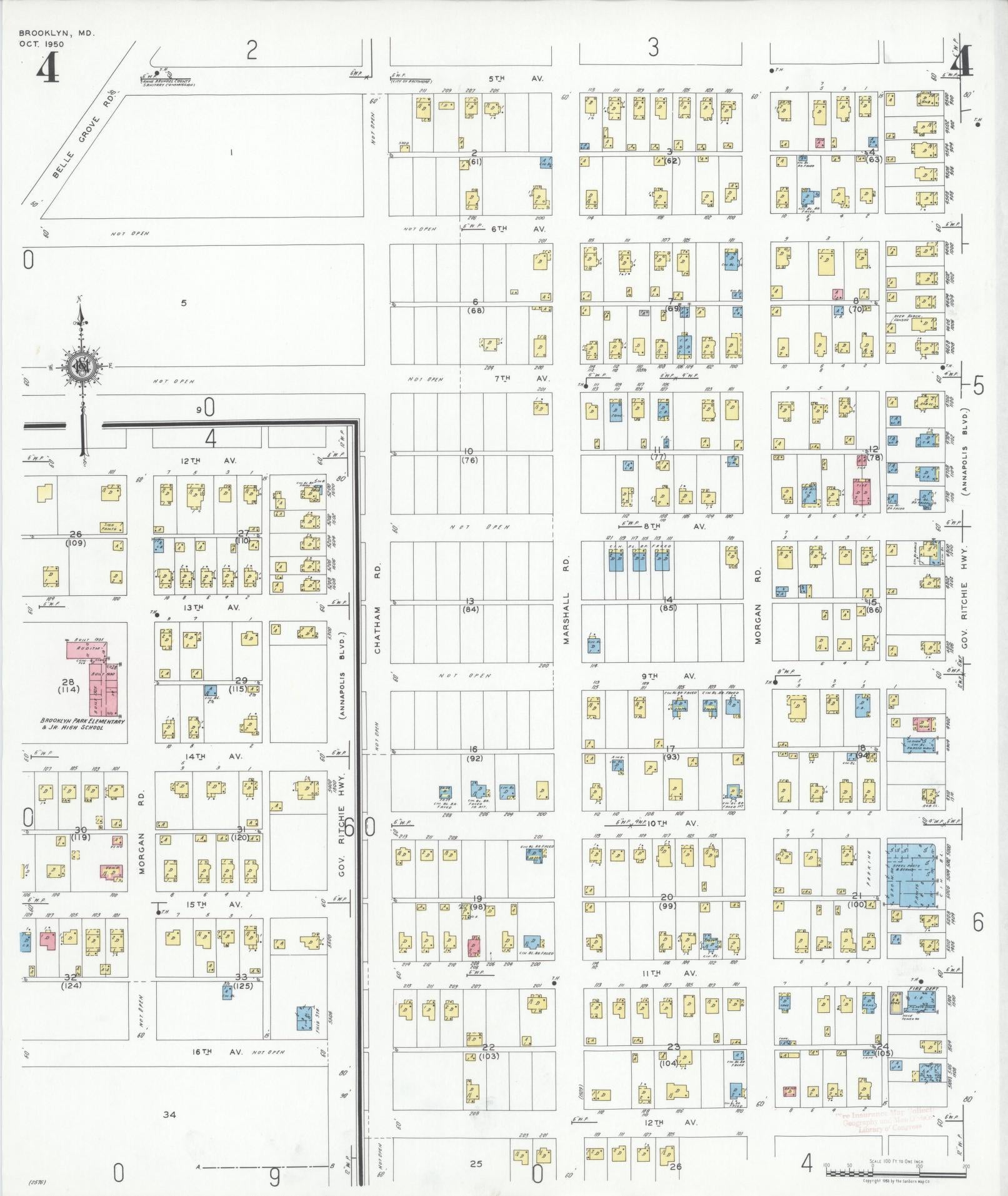 Sanborn Fire Insurance Map from Brooklyn, Anne Arundel County, Maryland (1950), Sheet #0004 - Historic Sanborn Fire Insurance Map Print, vintage old map wall art, antique decor, genealogy gift, Maryland Maryland map
