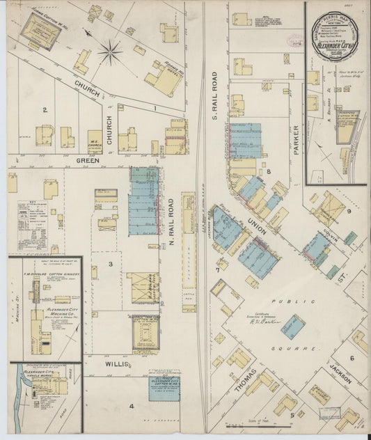 Sanborn Fire Insurance Map from Alexander City, Tallapoosa County, Alabama (1894), Sheet #0001 - Historic Sanborn Fire Insurance Map Print, vintage old map wall art, antique decor, genealogy gift, Alabama Alabama map
