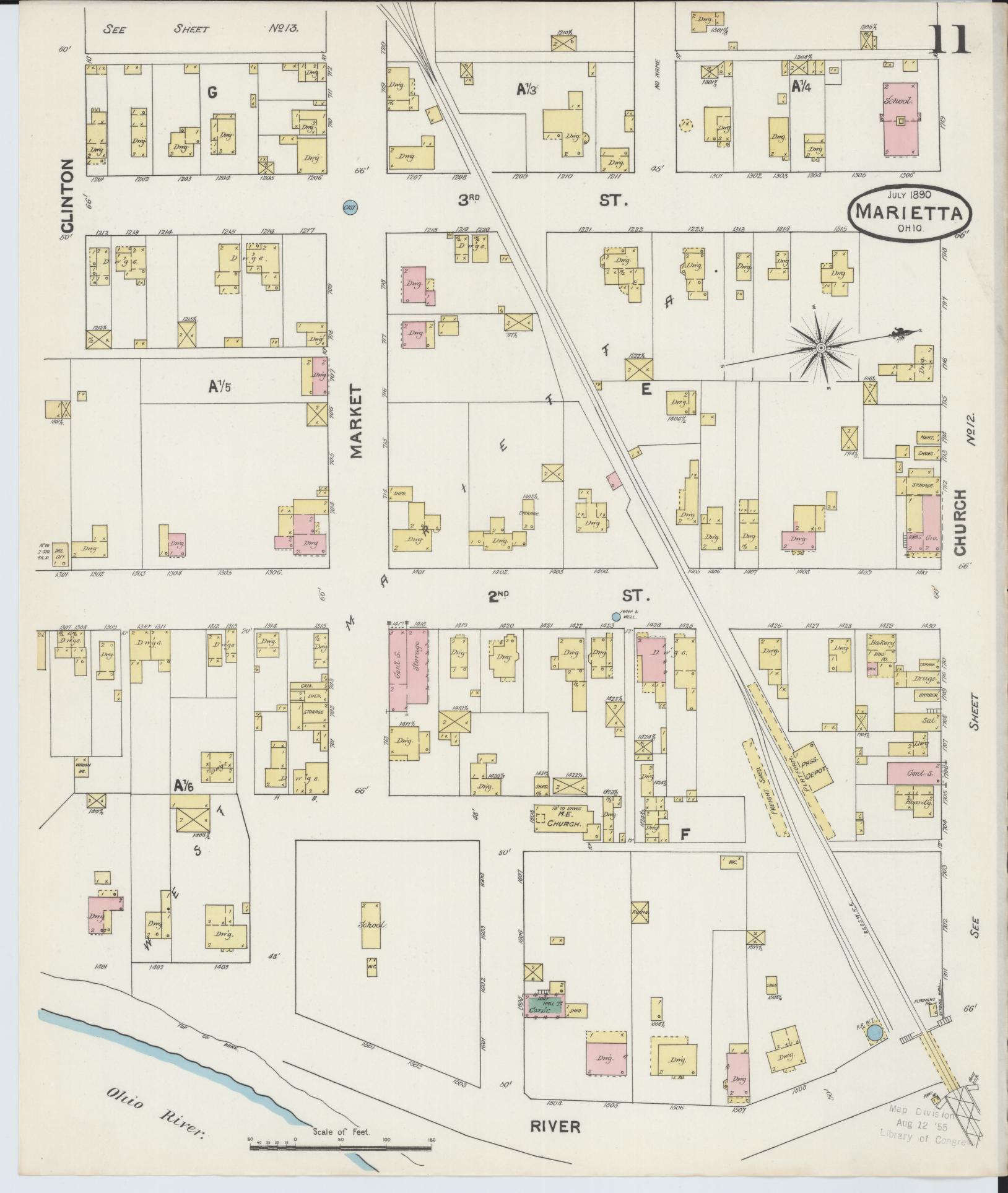Sanborn Fire Insurance Map from Marietta, Washington County, Ohio (1890), Sheet #0011 - Historic Sanborn Fire Insurance Map Print, vintage old map wall art, antique decor, genealogy gift, Ohio Ohio map