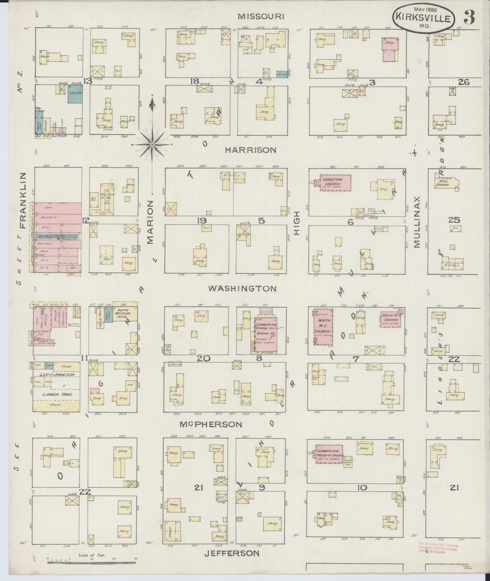 Sanborn Fire Insurance Map from Kirksville, Adair County, Missouri (1886), Sheet #0003 - Historic Sanborn Fire Insurance Map Print, vintage old map wall art, antique decor, genealogy gift, Missouri Missouri map