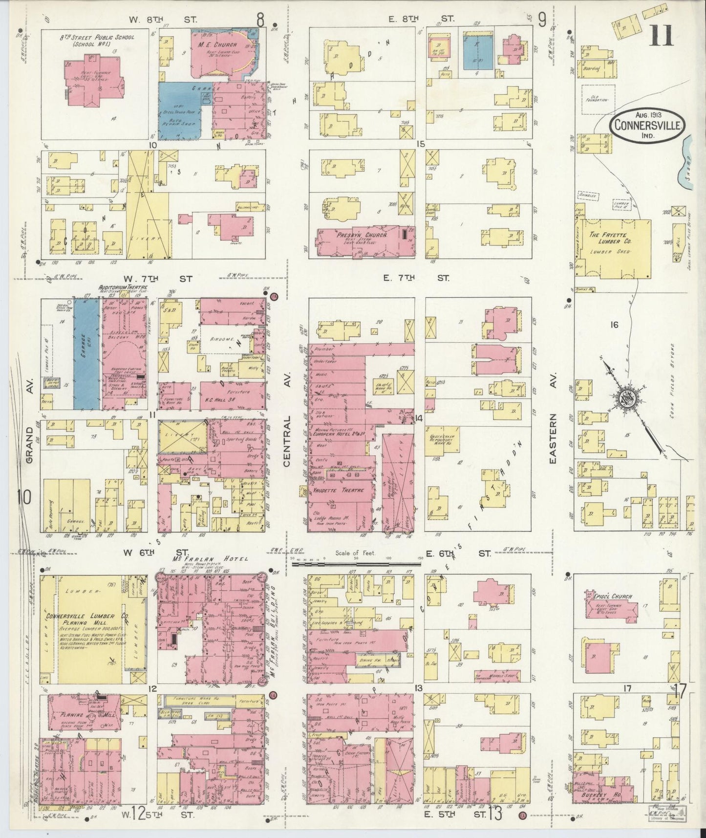 Sanborn Fire Insurance Map from Connersville, Fayette County, Indiana (1913), Sheet #0011 - Complete Map Set gallery image, historic Sanborn map, vintage wall art, Indiana Indiana