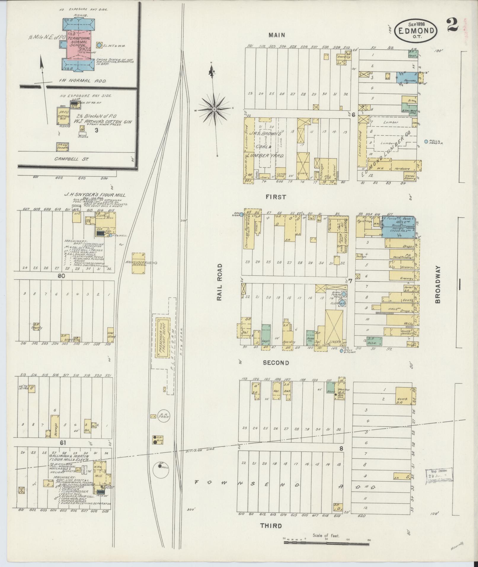 Sanborn Fire Insurance Map from Edmond, Oklahoma County, Oklahoma (1898), Sheet #0002 - Historic Sanborn Fire Insurance Map Print, vintage old map wall art, antique decor, genealogy gift, Edmond Oklahoma map