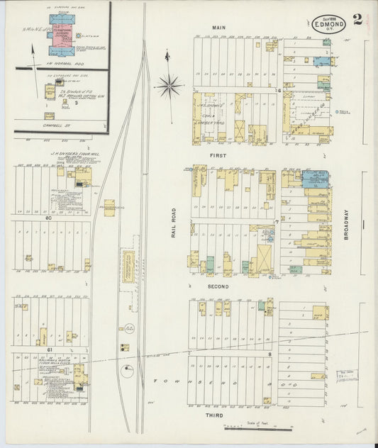 Sanborn Fire Insurance Map from Edmond, Oklahoma County, Oklahoma (1898), Sheet #0002 - Historic Sanborn Fire Insurance Map Print, vintage old map wall art, antique decor, genealogy gift, Edmond Oklahoma map