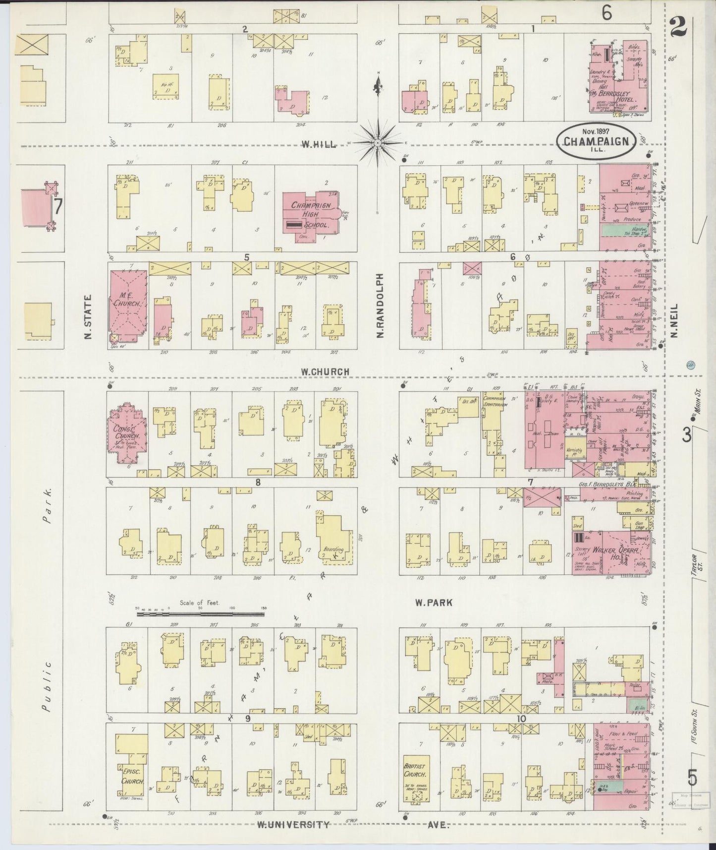 Sanborn Fire Insurance Map from Champaign, Champaign County, Illinois (1897), Sheet #0002 - Historic Sanborn Fire Insurance Map Print, vintage old map wall art, antique decor, genealogy gift, Illinois Illinois map