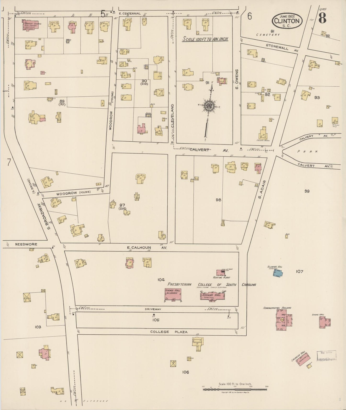 Sanborn Fire Insurance Map from Clinton, Laurens County, South Carolina (1922), Sheet #0008 - Complete Map Set gallery image, historic Sanborn map, vintage wall art, South Carolina South Carolina