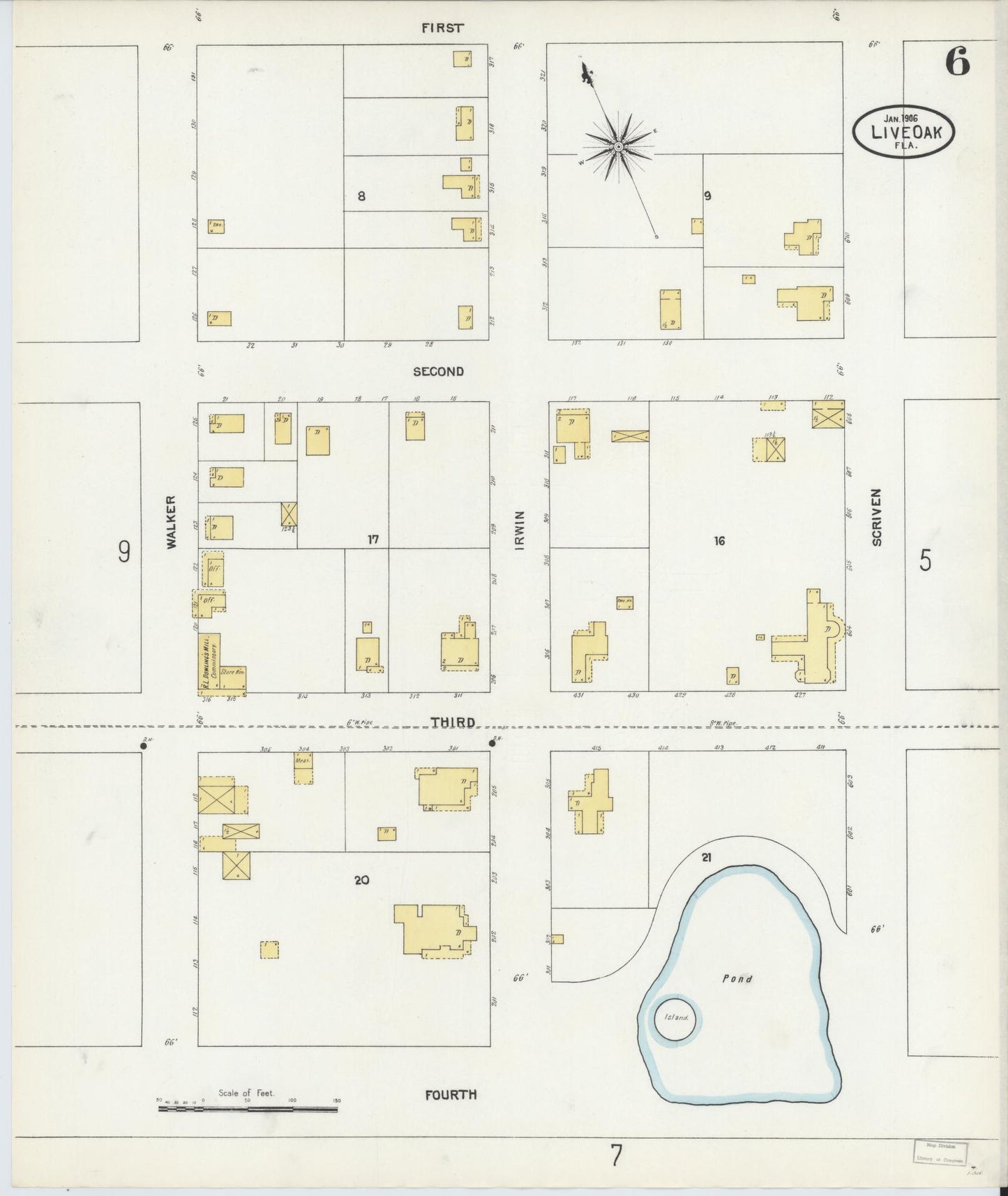 Sanborn Fire Insurance Map from Live Oak, Suwanee County, Florida (1906), Sheet #0006 - Complete Map Set gallery image, historic Sanborn map, vintage wall art, Florida Florida