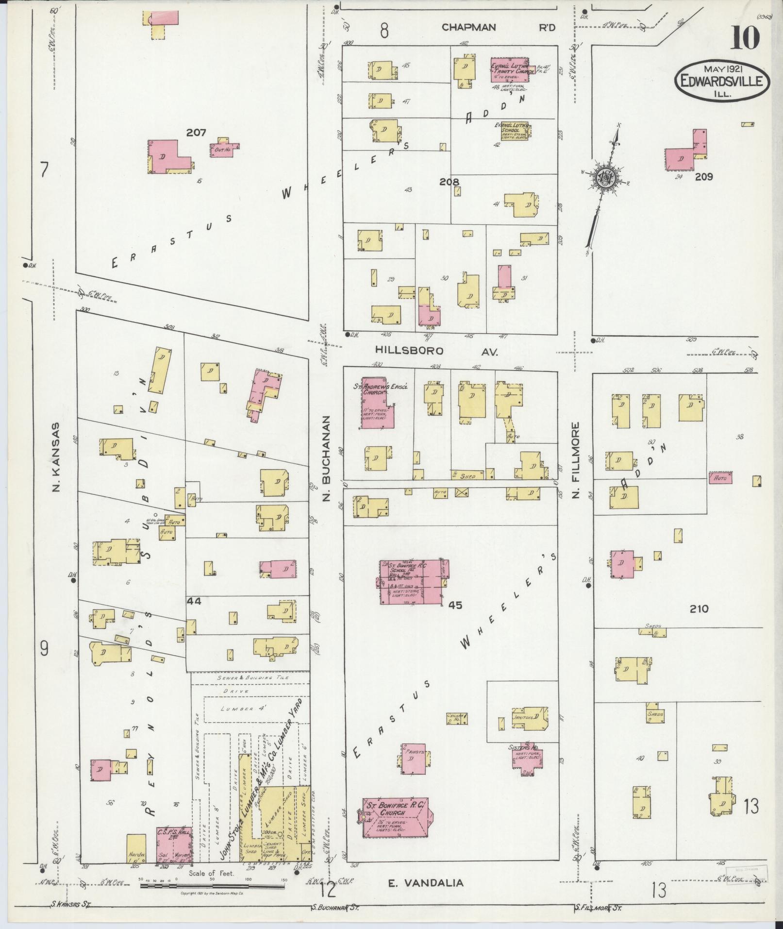 Sanborn Fire Insurance Map from Edwardsville, Madison County, Illinois (1921), Sheet #0010 - Complete Map Set gallery image, historic Sanborn map, vintage wall art, Illinois Illinois