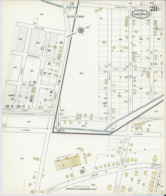 Sanborn Fire Insurance Map from Englewood, Bergen County, New Jersey (1915), Sheet #0028 - Historic Sanborn Fire Insurance Map Print, vintage old map wall art, antique decor, genealogy gift, New Jersey New Jersey map