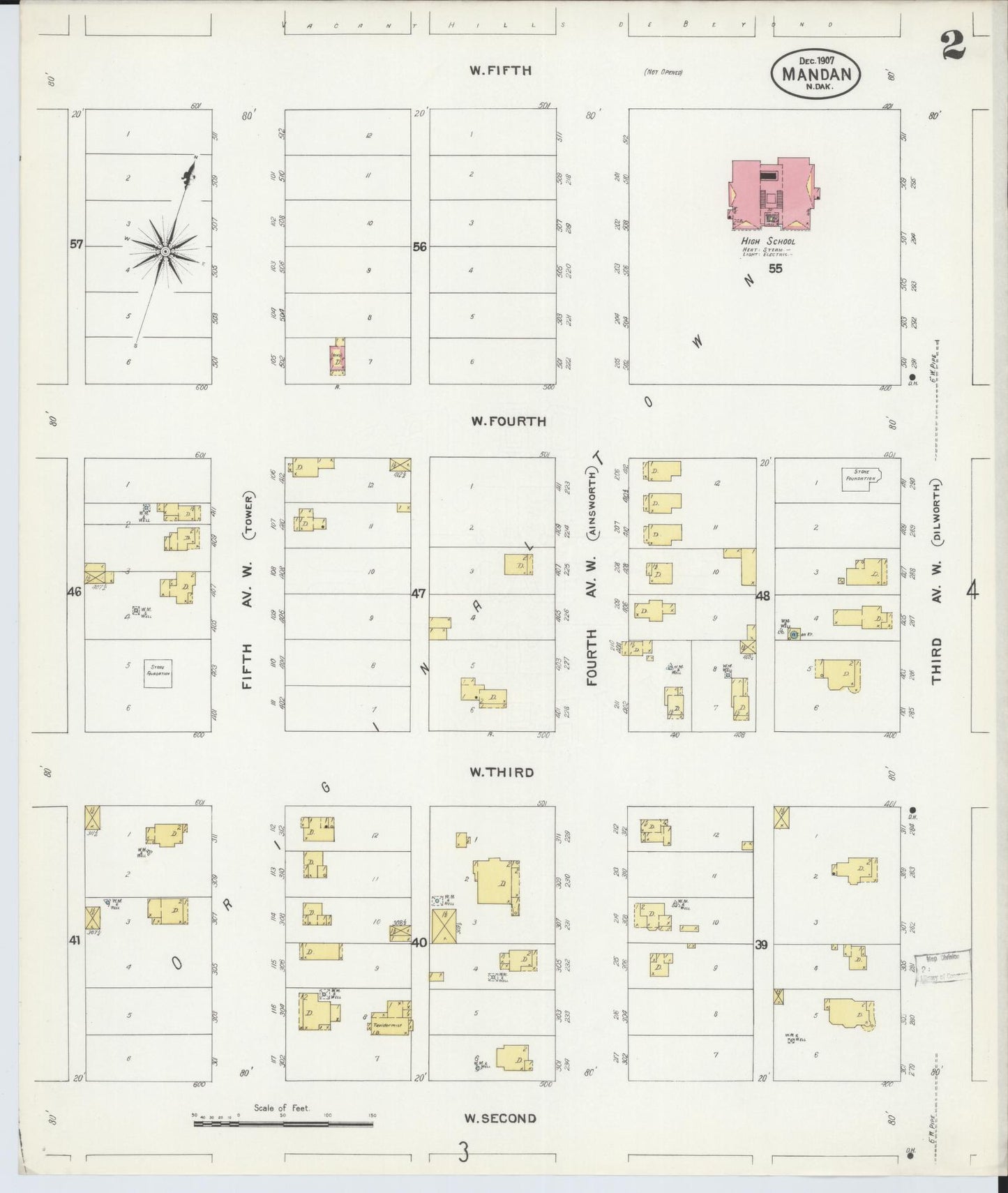 Sanborn Fire Insurance Map from Mandan, Morton County, North Dakota (1907), Sheet #0002 - Historic Sanborn Fire Insurance Map Print, vintage old map wall art, antique decor, genealogy gift, North Dakota North Dakota map