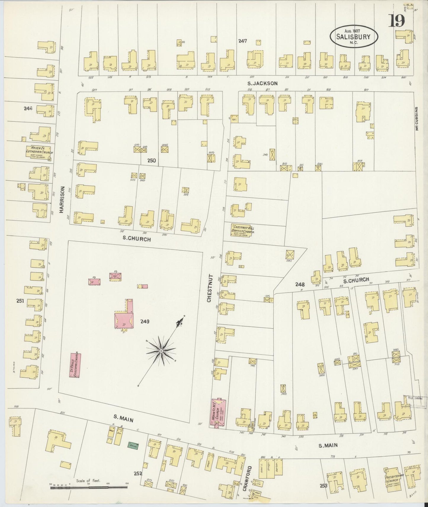 Sanborn Fire Insurance Map from Salisbury, Rowan County, North Carolina (1907), Sheet #0019 - Complete Map Set gallery image, historic Sanborn map, vintage wall art, North Carolina North Carolina