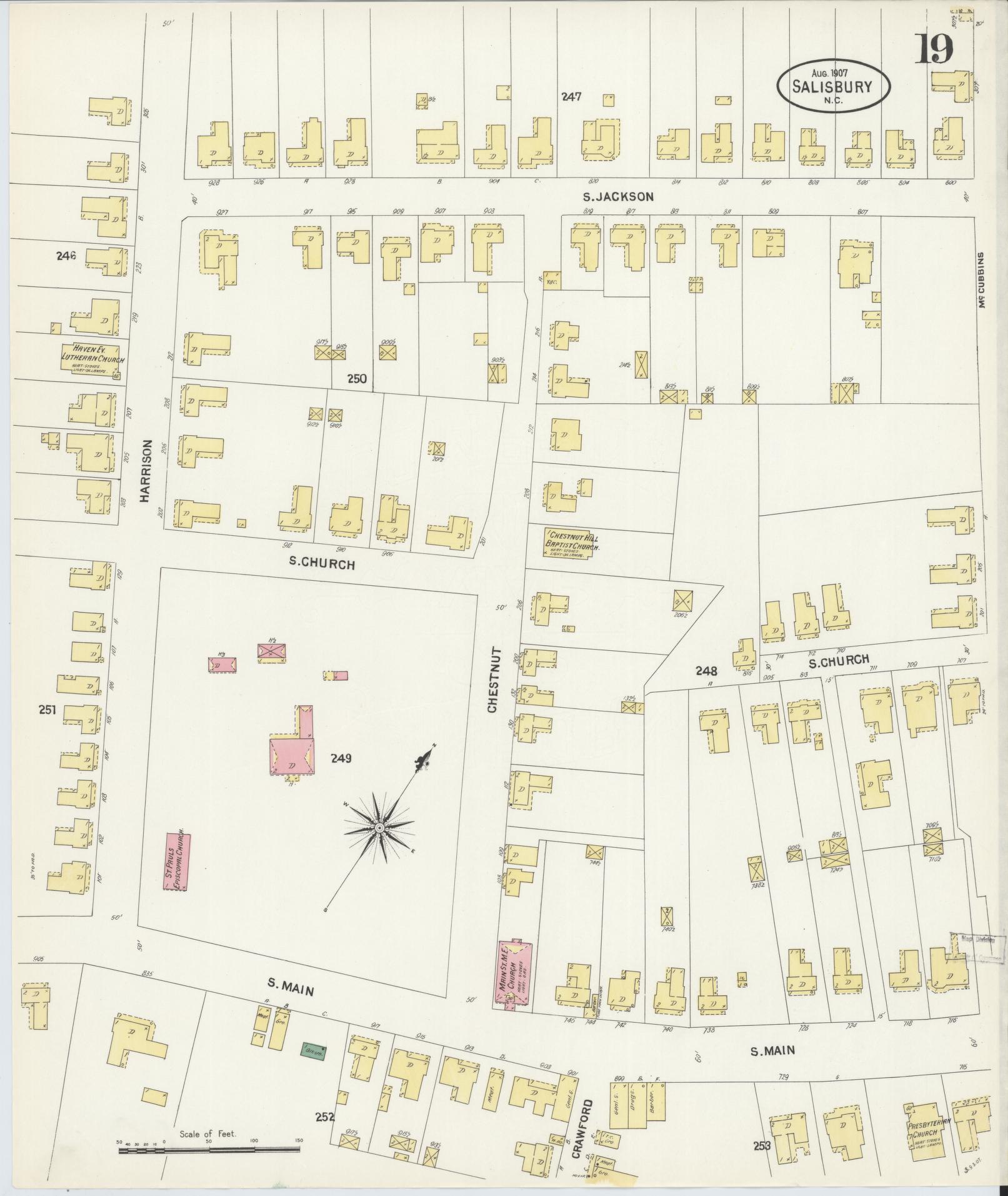 Sanborn Fire Insurance Map from Salisbury, Rowan County, North Carolina (1907), Sheet #0019 - Complete Map Set gallery image, historic Sanborn map, vintage wall art, North Carolina North Carolina