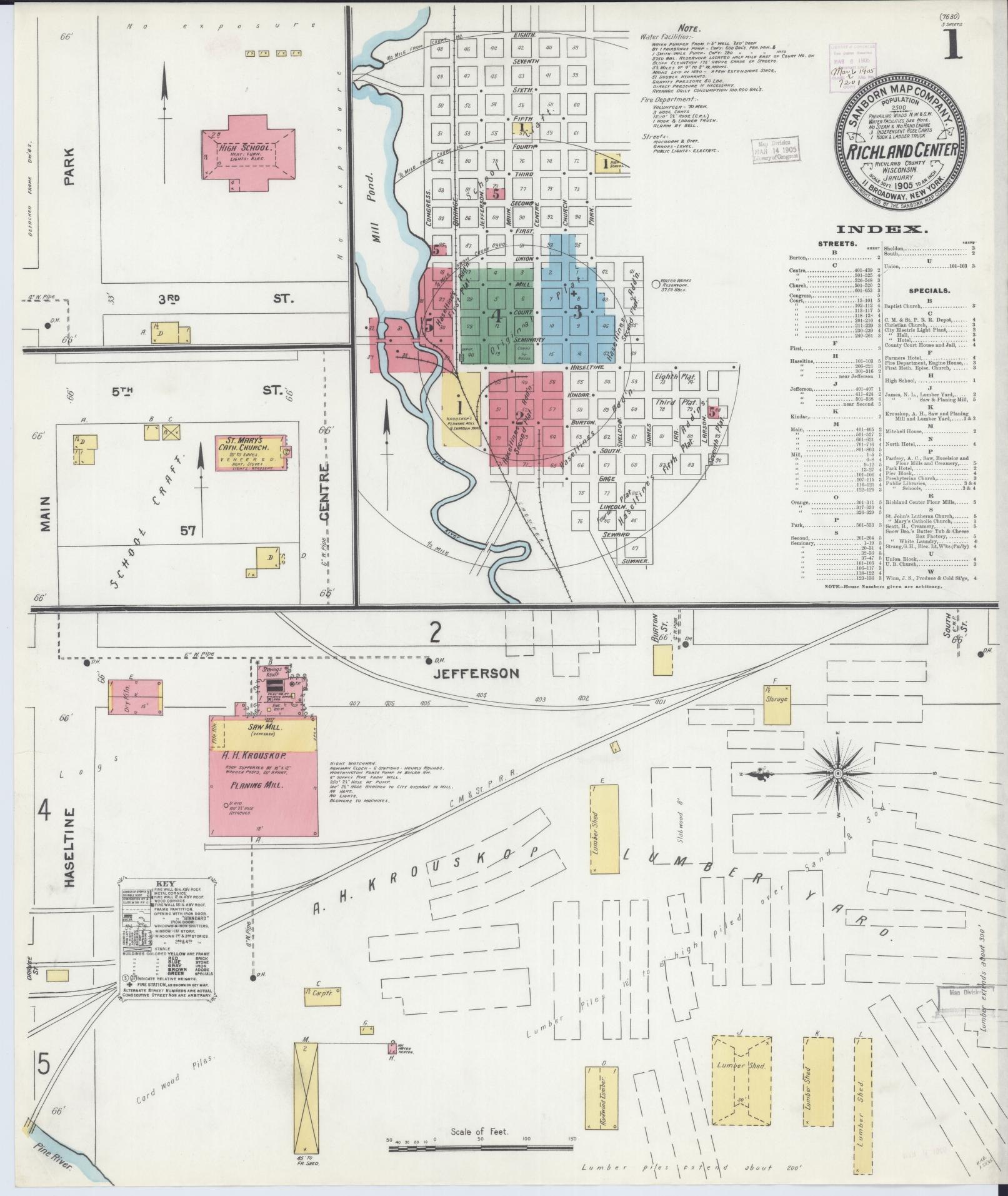 Sanborn Fire Insurance Map from Richland Center, Richland County, Wisconsin (1905), Sheet #0001 - Complete Map Set gallery image, historic Sanborn map, vintage wall art, Wisconsin Wisconsin