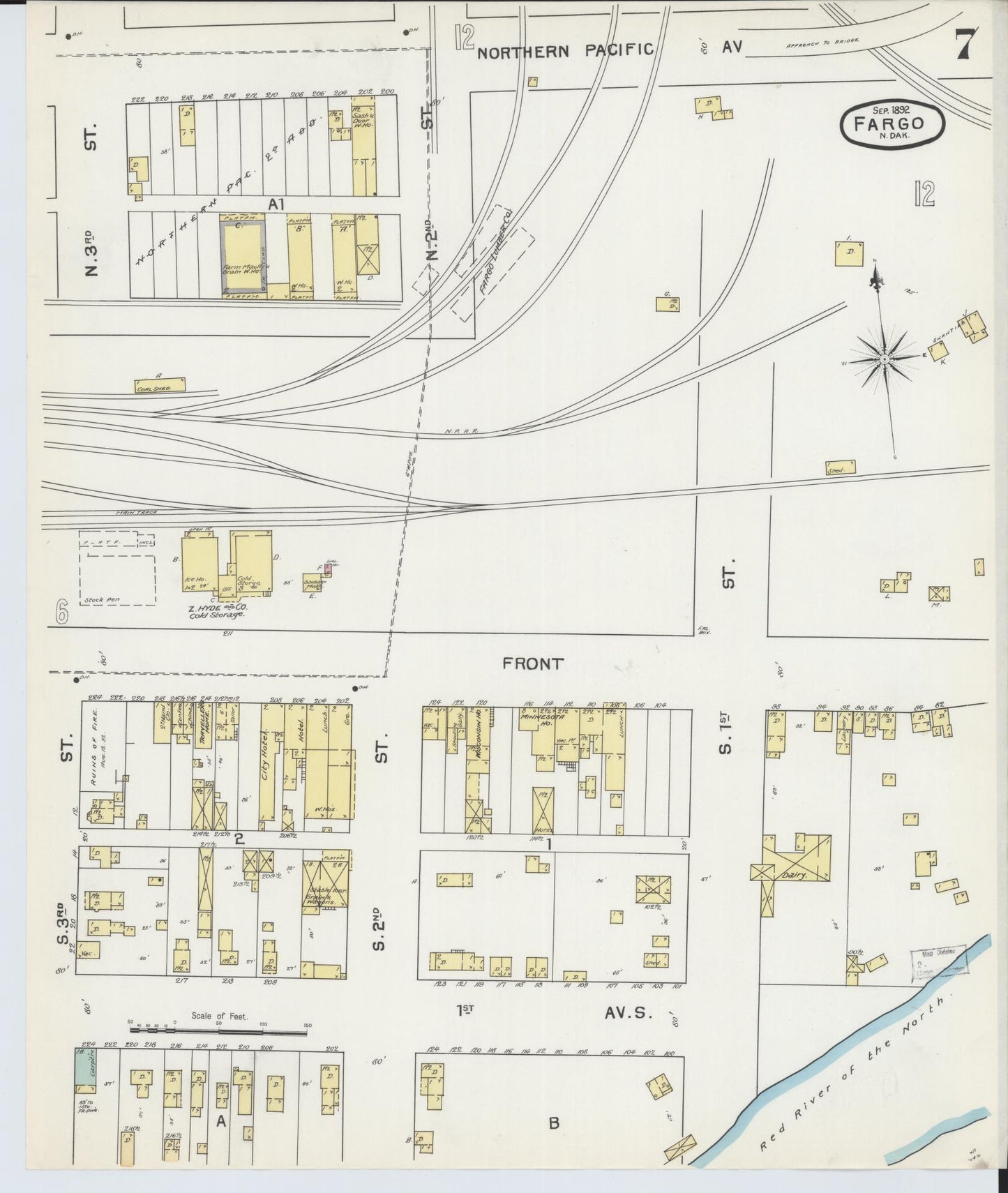 Sanborn Fire Insurance Map from Fargo, Cass County, North Dakota (1892), Sheet #0007 - Historic Sanborn Fire Insurance Map Print, vintage old map wall art, antique decor, genealogy gift, North Dakota North Dakota map