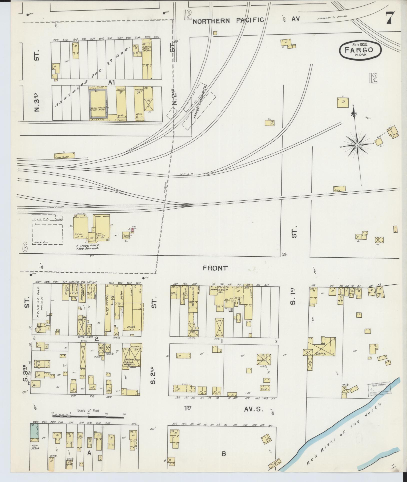 Sanborn Fire Insurance Map from Fargo, Cass County, North Dakota (1892), Sheet #0007 - Historic Sanborn Fire Insurance Map Print, vintage old map wall art, antique decor, genealogy gift, North Dakota North Dakota map