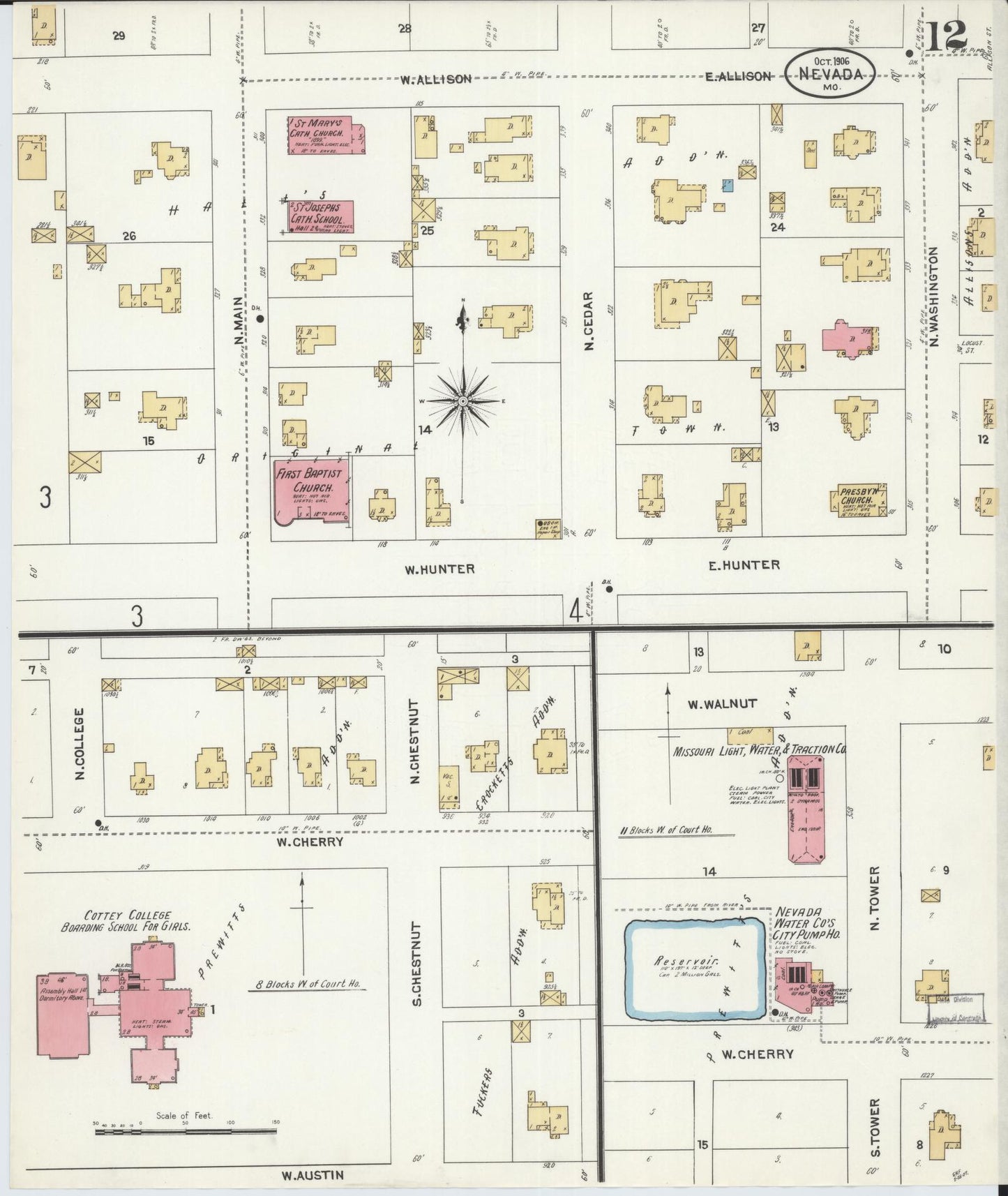 Sanborn Fire Insurance Map from Nevada, Vernon County, Missouri (1906), Sheet #0012 - Complete Map Set gallery image, historic Sanborn map, vintage wall art, Missouri Missouri
