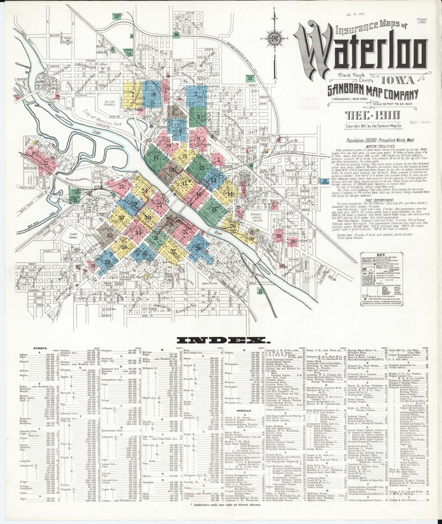Sanborn Fire Insurance Map from Waterloo, Black Hawk County, Iowa (1910), Sheet #0001 - Historic Sanborn Fire Insurance Map Print, vintage old map wall art