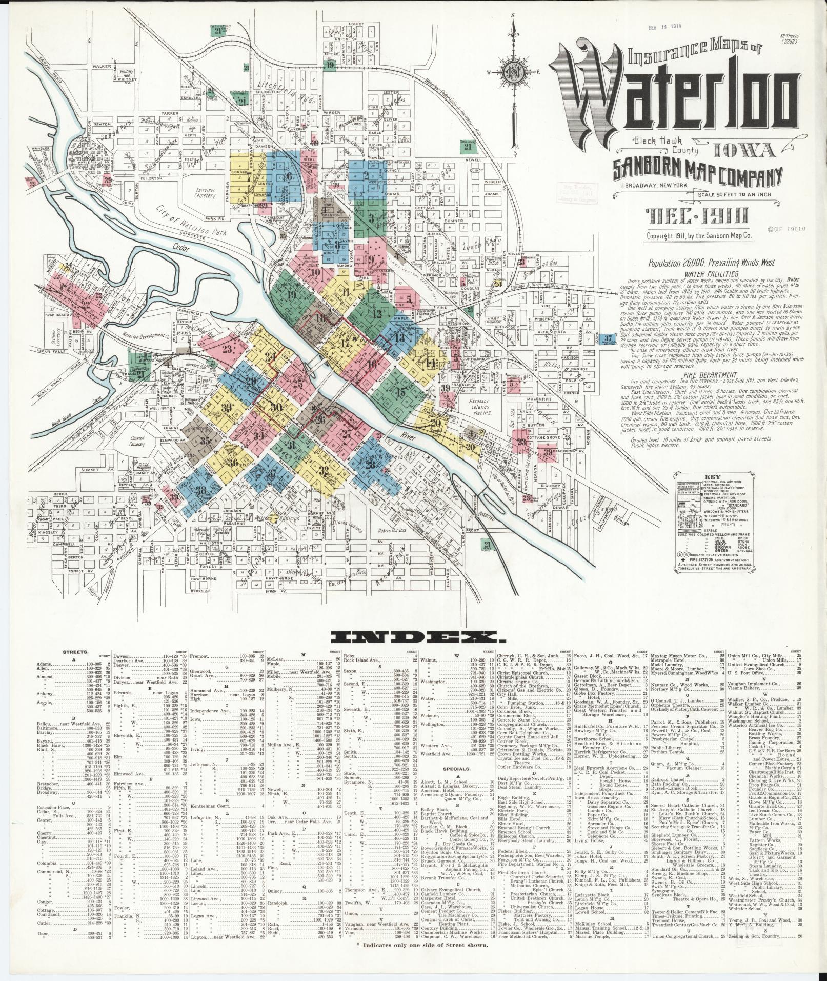 Sanborn Fire Insurance Map from Waterloo, Black Hawk County, Iowa (1910), Sheet #0001 - Historic Sanborn Fire Insurance Map Print, vintage old map wall art