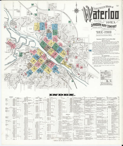 Sanborn Fire Insurance Map from Waterloo, Black Hawk County, Iowa (1910), Sheet #0001 - Historic Sanborn Fire Insurance Map Print, vintage old map wall art