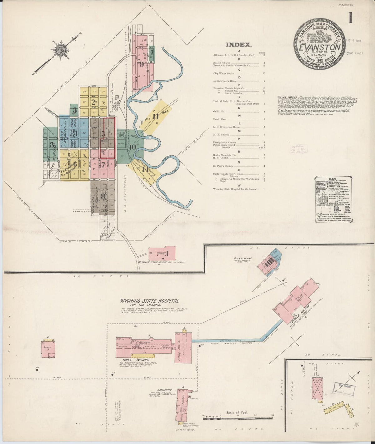 Sanborn Fire Insurance Map from Evanston, Uinta County, Wyoming (1912), Sheet #0001 - Complete Map Set gallery image, historic Sanborn map, vintage wall art, Wyoming Wyoming