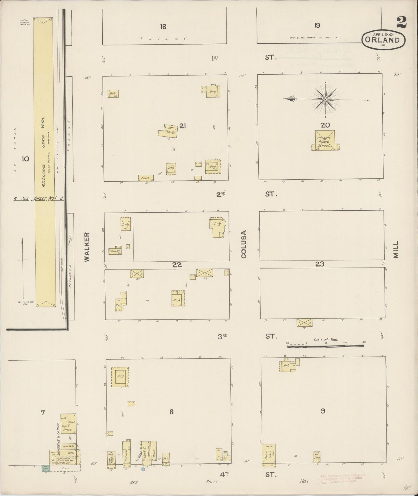 Sanborn Fire Insurance Map from Orland, Glenn County, California (1889), Sheet #0002 - Complete Map Set gallery image, historic Sanborn map, vintage wall art, California California