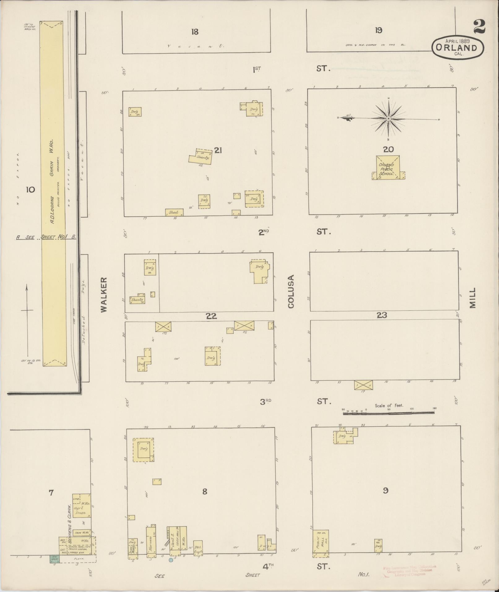 Sanborn Fire Insurance Map from Orland, Glenn County, California (1889), Sheet #0002 - Complete Map Set gallery image, historic Sanborn map, vintage wall art, California California