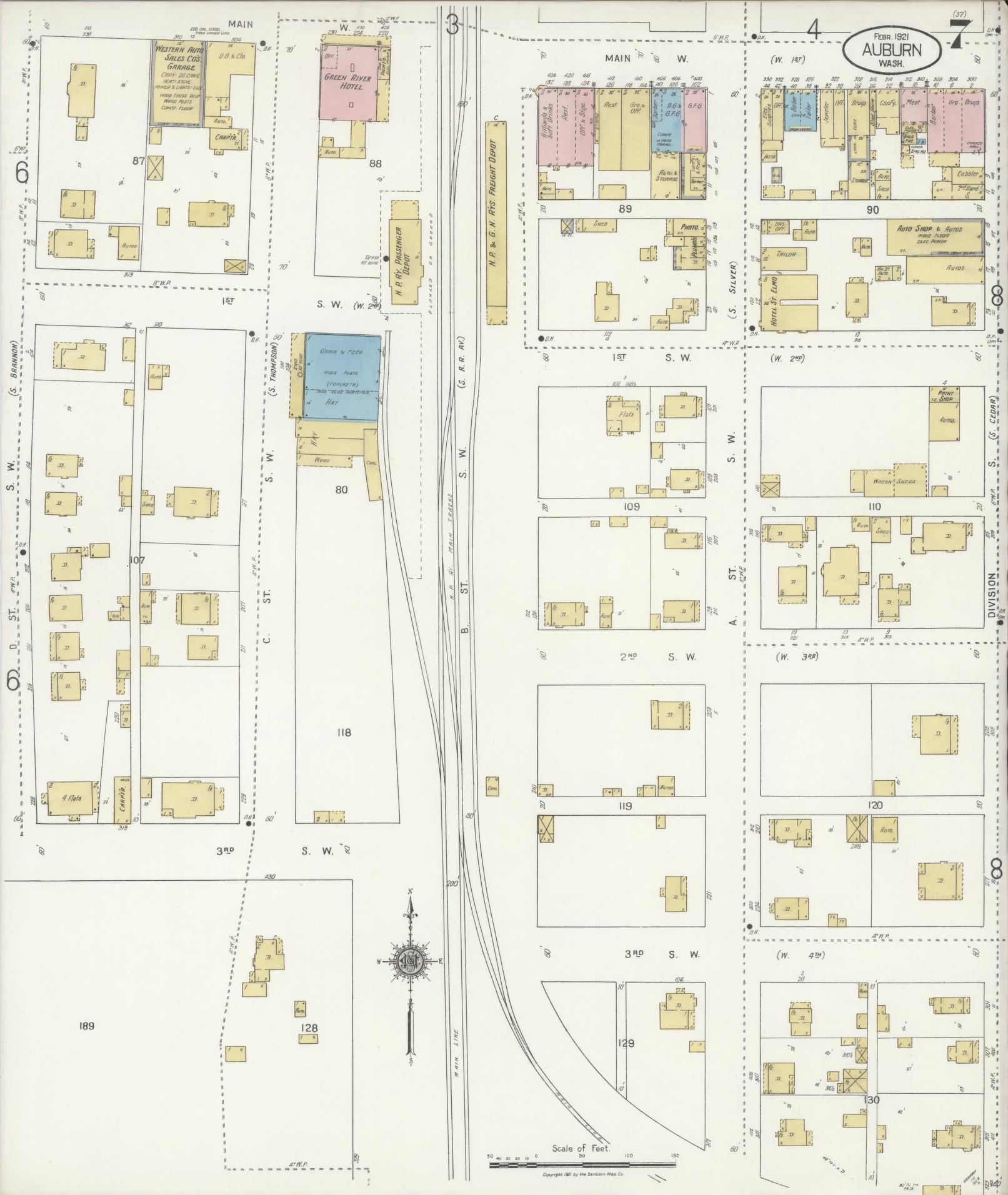 Sanborn Fire Insurance Map from Auburn [see also Slaughter], King County, Washington (1921), Sheet #0007 - Historic Sanborn Fire Insurance Map Print, vintage old map wall art, antique decor, genealogy gift, Washington Washington map