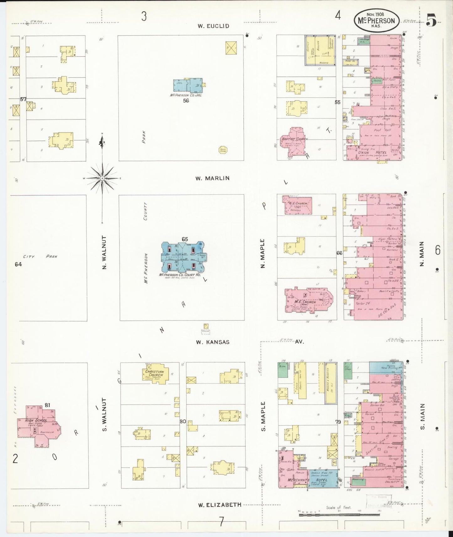 Sanborn Fire Insurance Map from Mcpherson, Mcpherson County, Kansas (1908), Sheet #0005 - Complete Map Set gallery image, historic Sanborn map, vintage wall art, Kansas Kansas