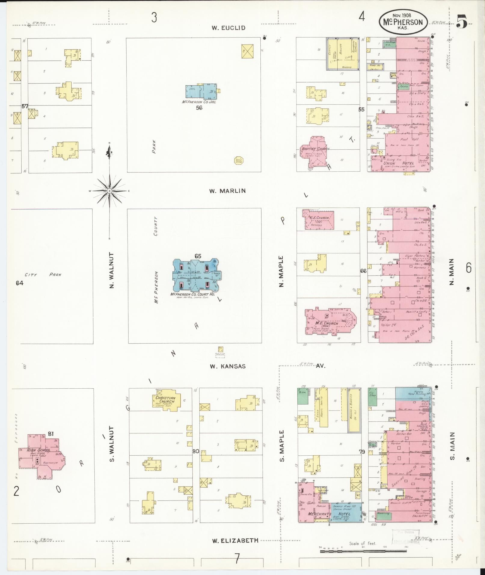 Sanborn Fire Insurance Map from Mcpherson, Mcpherson County, Kansas (1908), Sheet #0005 - Complete Map Set gallery image, historic Sanborn map, vintage wall art, Kansas Kansas