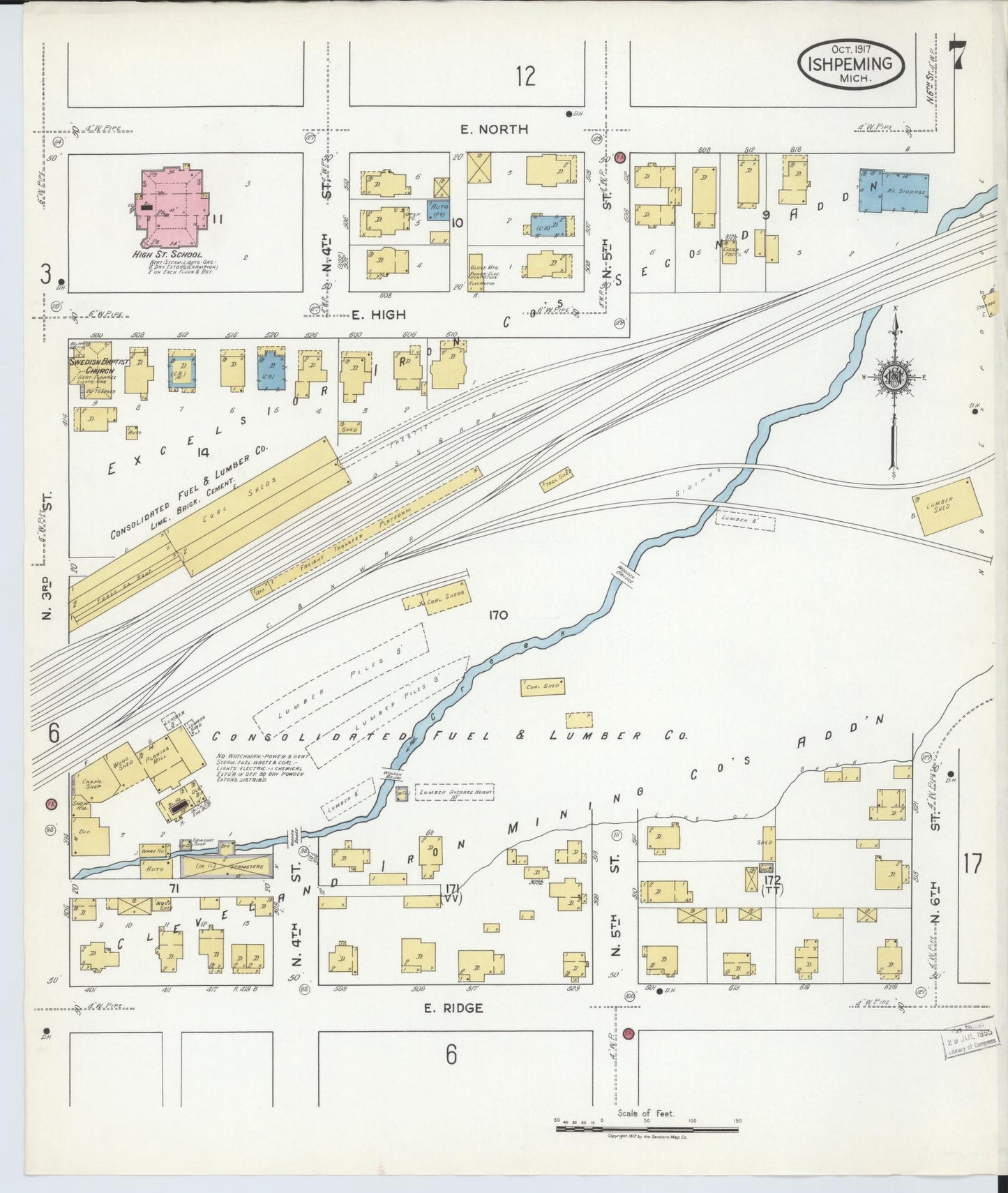 Sanborn Fire Insurance Map from Ishpeming, Marquette County, Michigan (1917), Sheet #0007 - Historic Sanborn Fire Insurance Map Print, vintage old map wall art, antique decor, genealogy gift, Michigan Michigan map