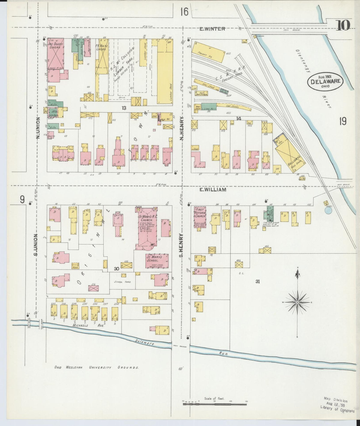 Sanborn Fire Insurance Map from Delaware, Delaware County, Ohio (1901), Sheet #0010 - Historic Sanborn Fire Insurance Map Print, vintage old map wall art, antique decor, genealogy gift, Sanborn Fire Insurance Map from Delaware Delaware map