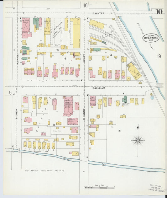 Sanborn Fire Insurance Map from Delaware, Delaware County, Ohio (1901), Sheet #0010 - Historic Sanborn Fire Insurance Map Print, vintage old map wall art, antique decor, genealogy gift, Sanborn Fire Insurance Map from Delaware Delaware map