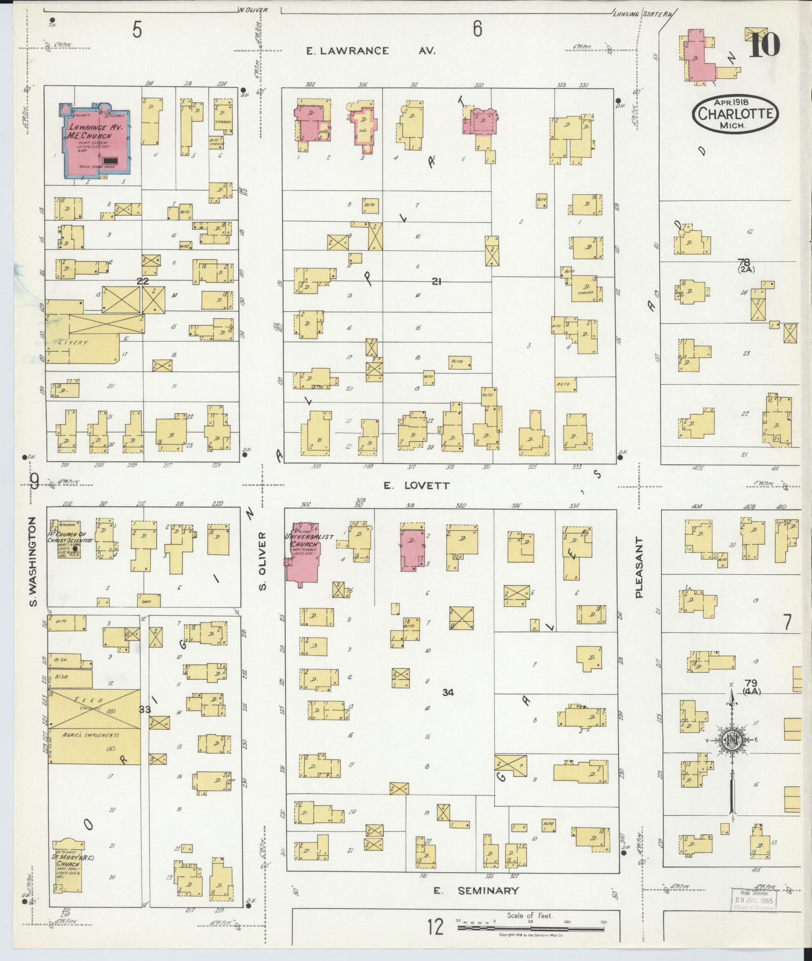 Sanborn Fire Insurance Map from Charlotte, Eaton County, Michigan (1918), Sheet #0010 - Historic Sanborn Fire Insurance Map Print, vintage old map wall art, antique decor, genealogy gift, Michigan Michigan map