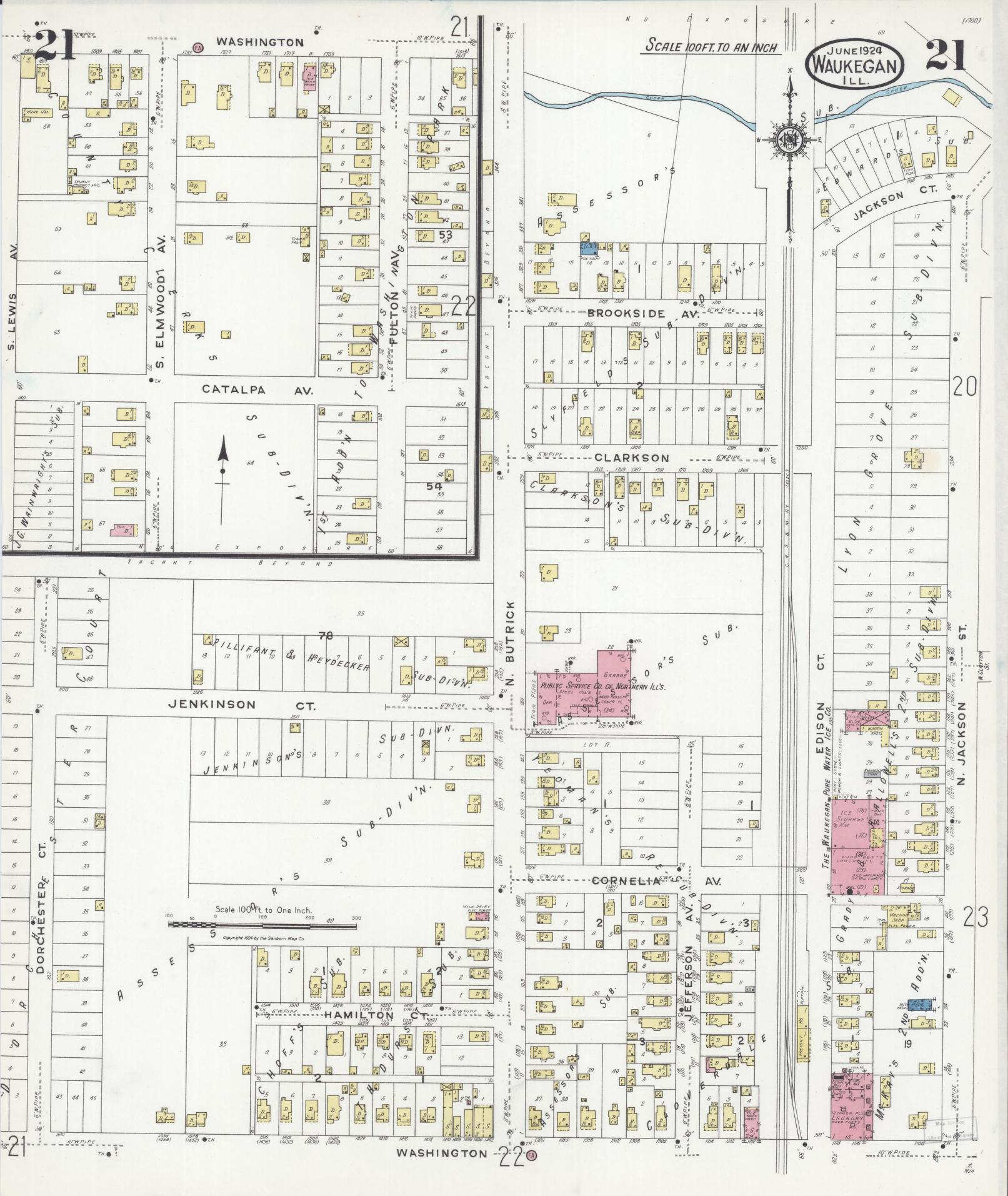 Sanborn Fire Insurance Map from Waukegan, Lake County, Illinois (1924), Sheet #0021 - Historic Sanborn Fire Insurance Map Print, vintage old map wall art, antique decor, genealogy gift, Illinois Illinois map