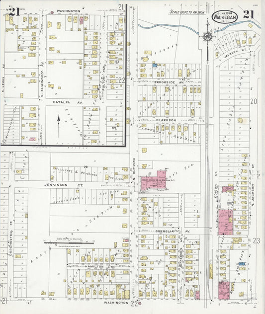 Sanborn Fire Insurance Map from Waukegan, Lake County, Illinois (1924), Sheet #0021 - Historic Sanborn Fire Insurance Map Print, vintage old map wall art, antique decor, genealogy gift, Illinois Illinois map