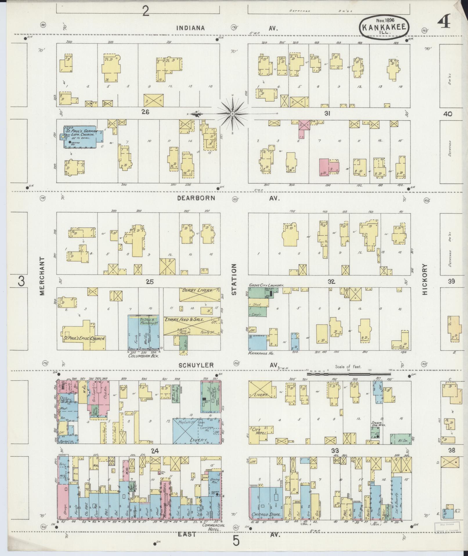 Sanborn Fire Insurance Map from Kankakee, Kankakee County, Illinois (1896), Sheet #0004 - Complete Map Set gallery image, historic Sanborn map, vintage wall art, Illinois Illinois