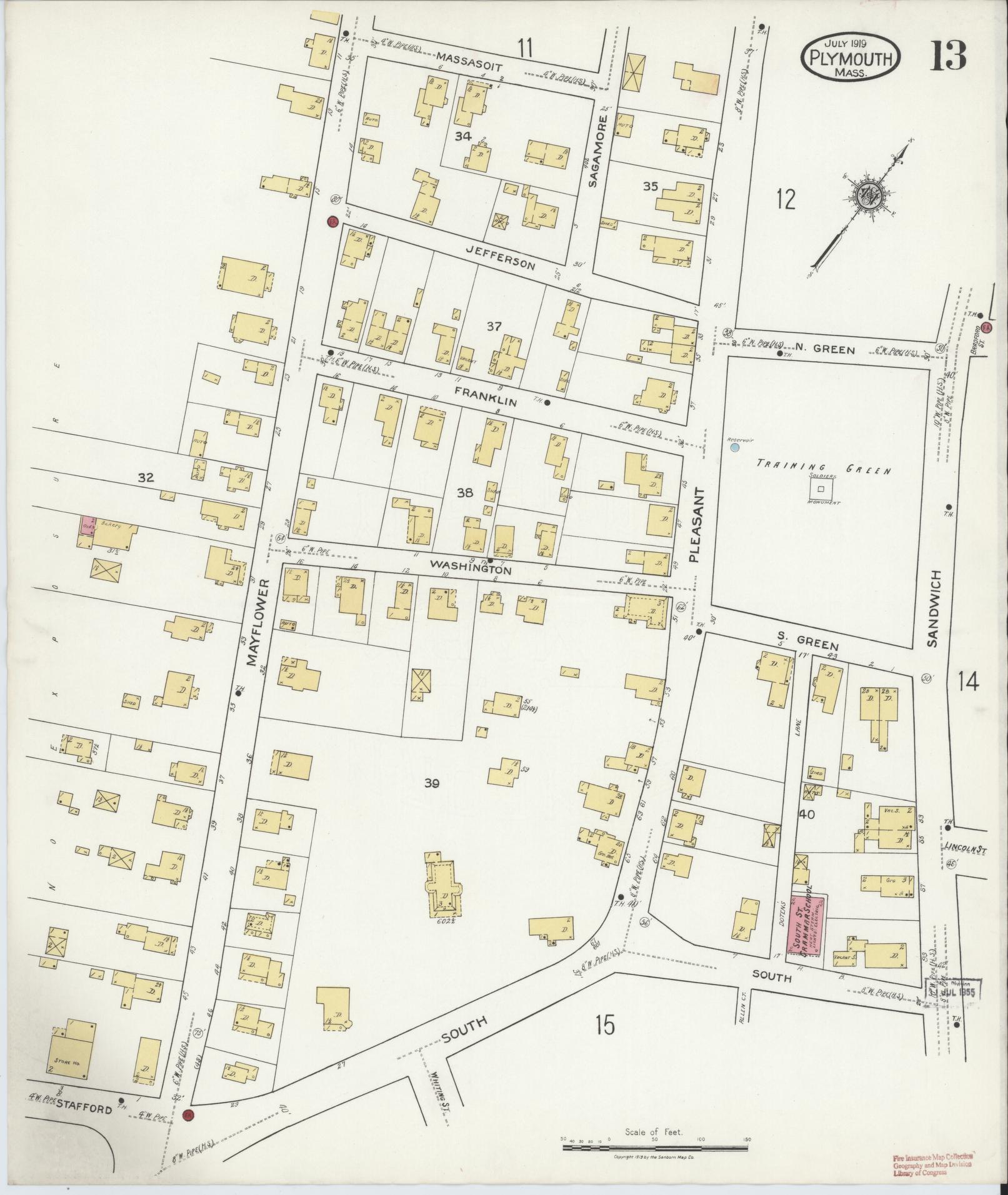 Sanborn Fire Insurance Map from Plymouth, Plymouth County, Massachusetts (1919), Sheet #0013 - Historic Sanborn Fire Insurance Map Print, vintage old map wall art, antique decor, genealogy gift, Massachusetts Massachusetts map