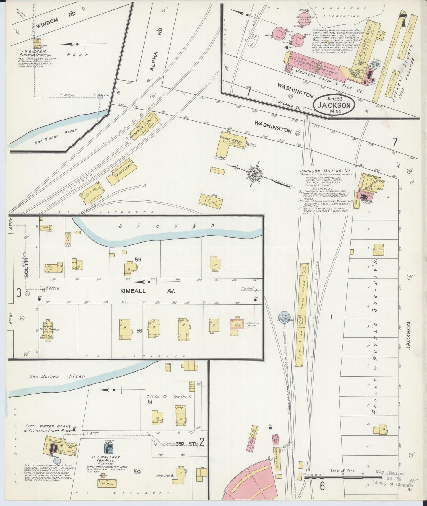 Sanborn Fire Insurance Map from Jackson, Jackson County, Minnesota (1913), Sheet #0007 - Historic Sanborn Fire Insurance Map Print, vintage old map wall art, antique decor, genealogy gift, Minnesota Minnesota map