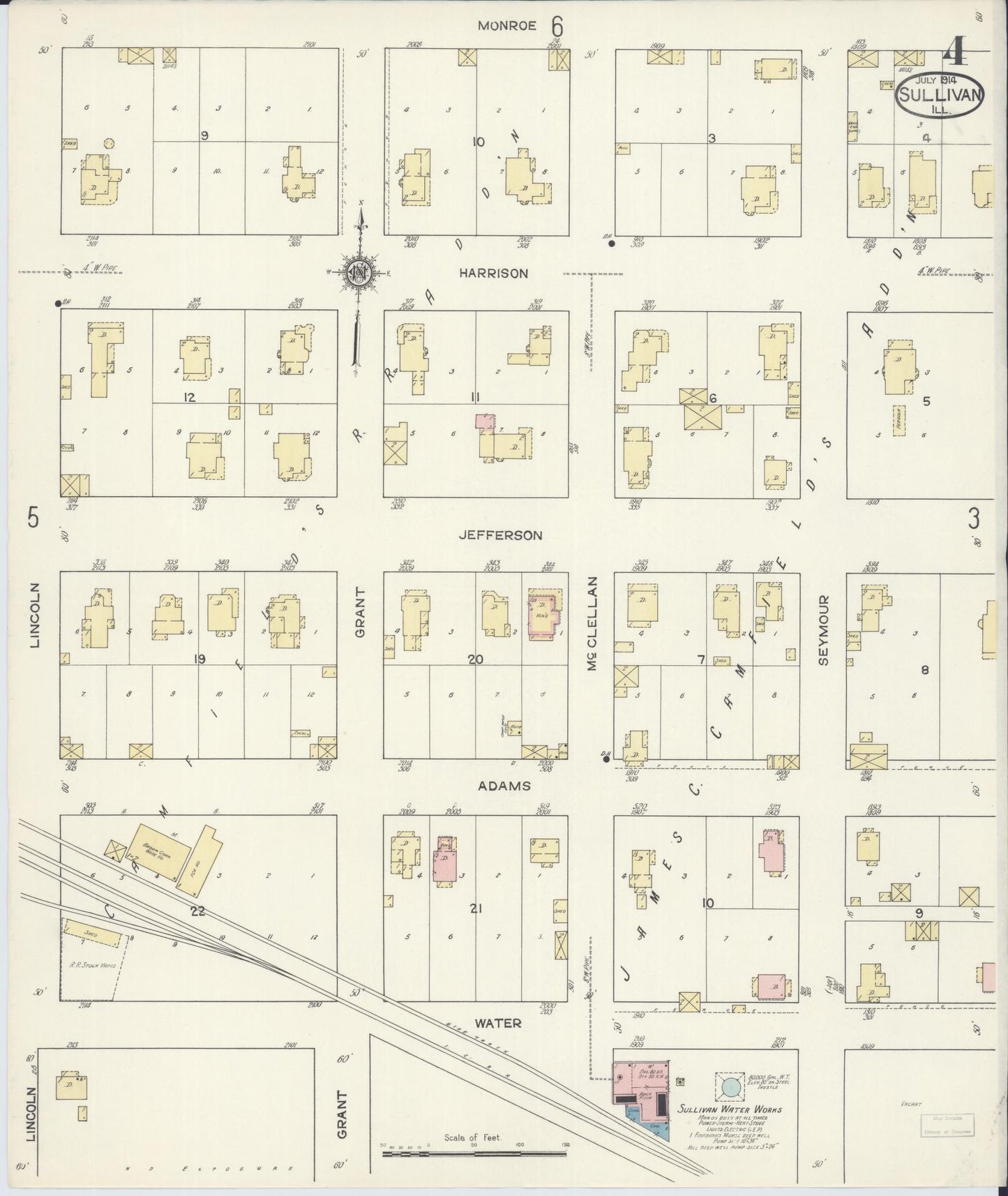 Sanborn Fire Insurance Map from Sullivan, Moultrie County, Illinois (1914), Sheet #0004 - Complete Map Set gallery image, historic Sanborn map, vintage wall art, Illinois Illinois