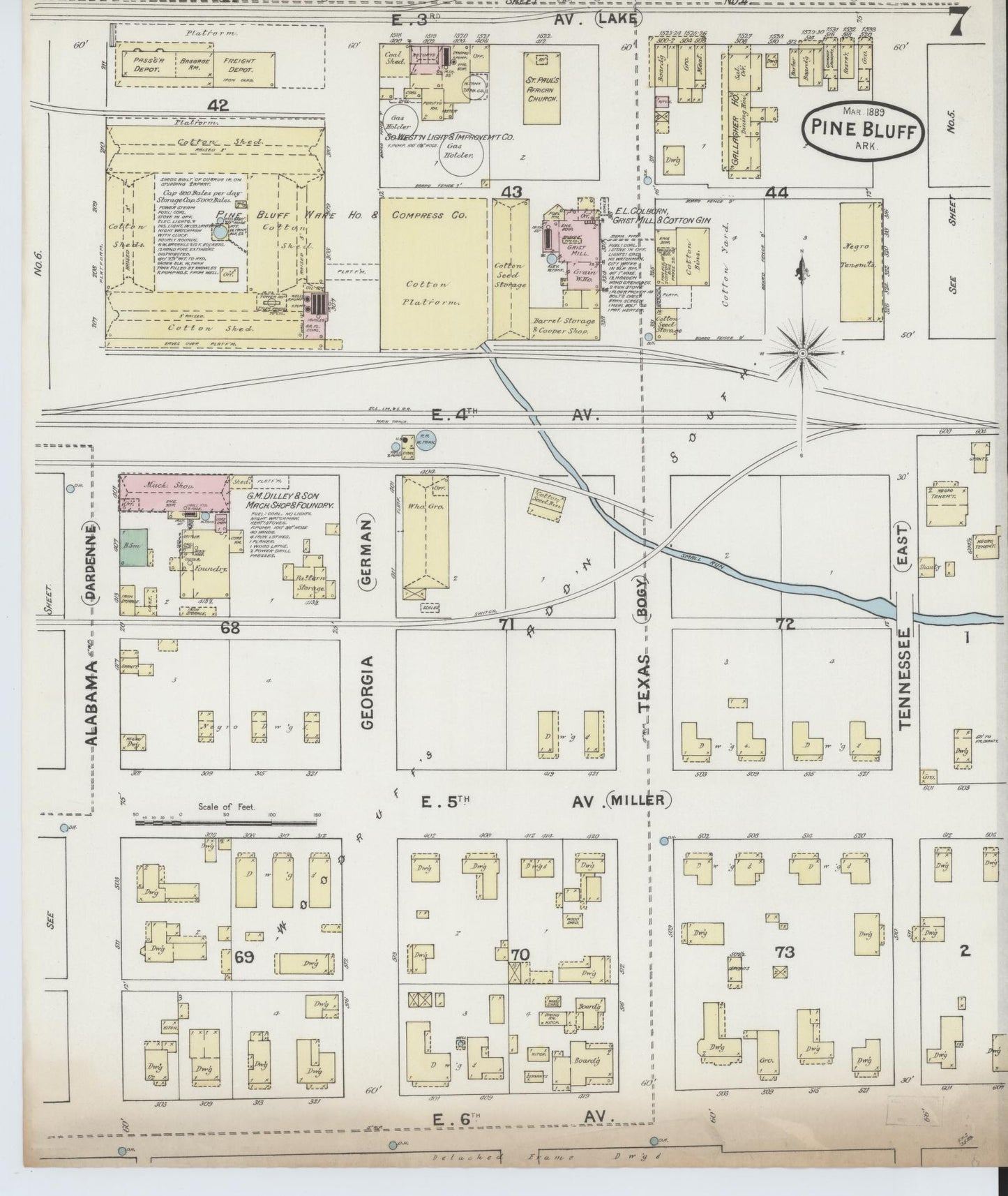 Sanborn Fire Insurance Map from Pine Bluff, Jefferson County, Arkansas (1889), Sheet #0007 - Historic Sanborn Fire Insurance Map Print, vintage old map wall art, antique decor, genealogy gift, Arkansas Arkansas map