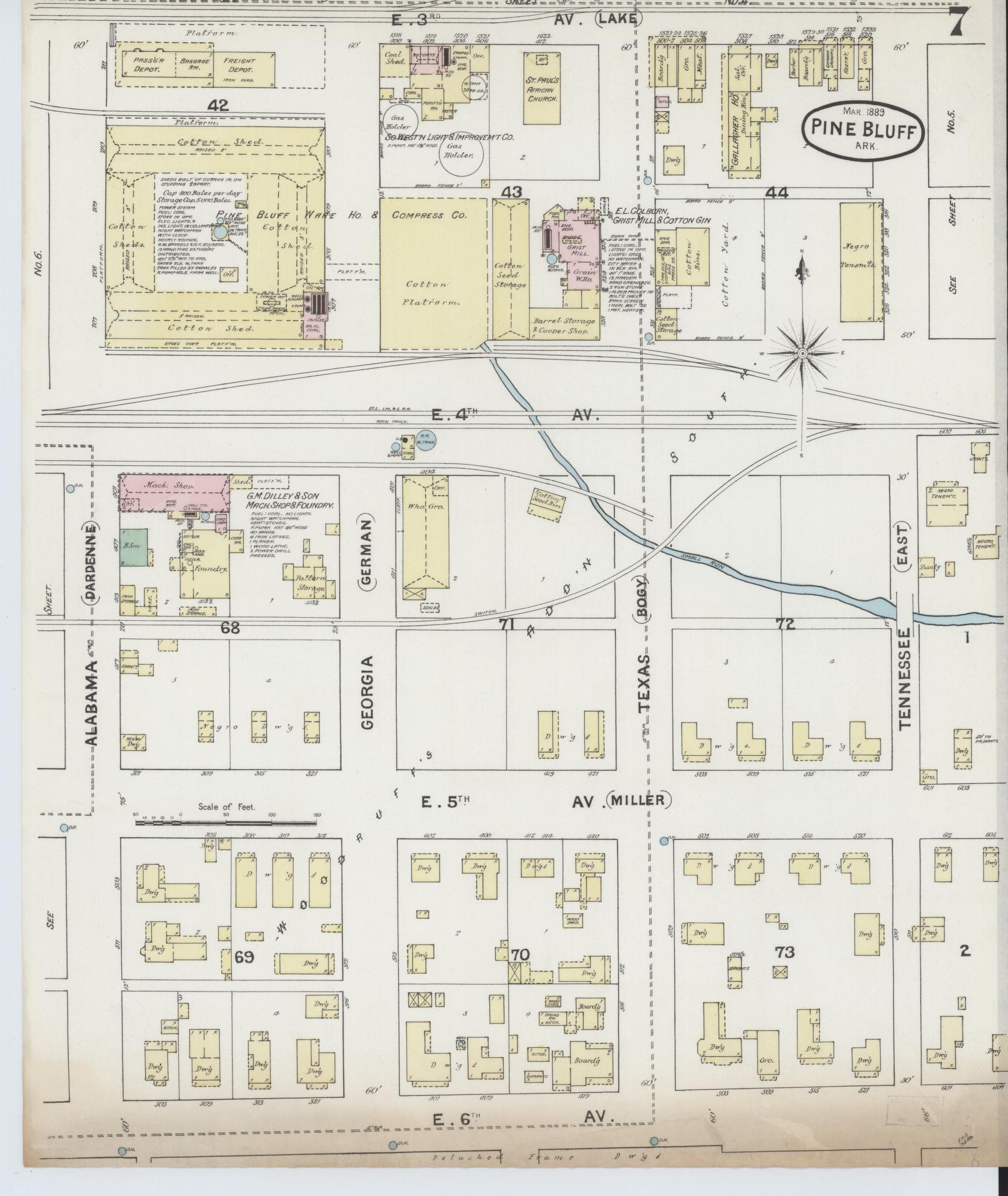 Sanborn Fire Insurance Map from Pine Bluff, Jefferson County, Arkansas (1889), Sheet #0007 - Historic Sanborn Fire Insurance Map Print, vintage old map wall art, antique decor, genealogy gift, Arkansas Arkansas map