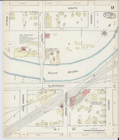 Sanborn Fire Insurance Map from Flint, Genesee County, Michigan (1886), Sheet #0009 - Complete Map Set gallery image, historic Sanborn map, vintage wall art, Michigan Michigan