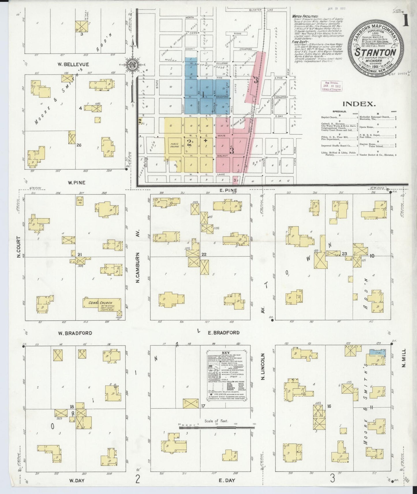 Sanborn Fire Insurance Map from Stanton, Montcalm County, Michigan (1911), Sheet #0001 - Historic Sanborn Fire Insurance Map Print, vintage old map wall art, antique decor, genealogy gift, Michigan Michigan map